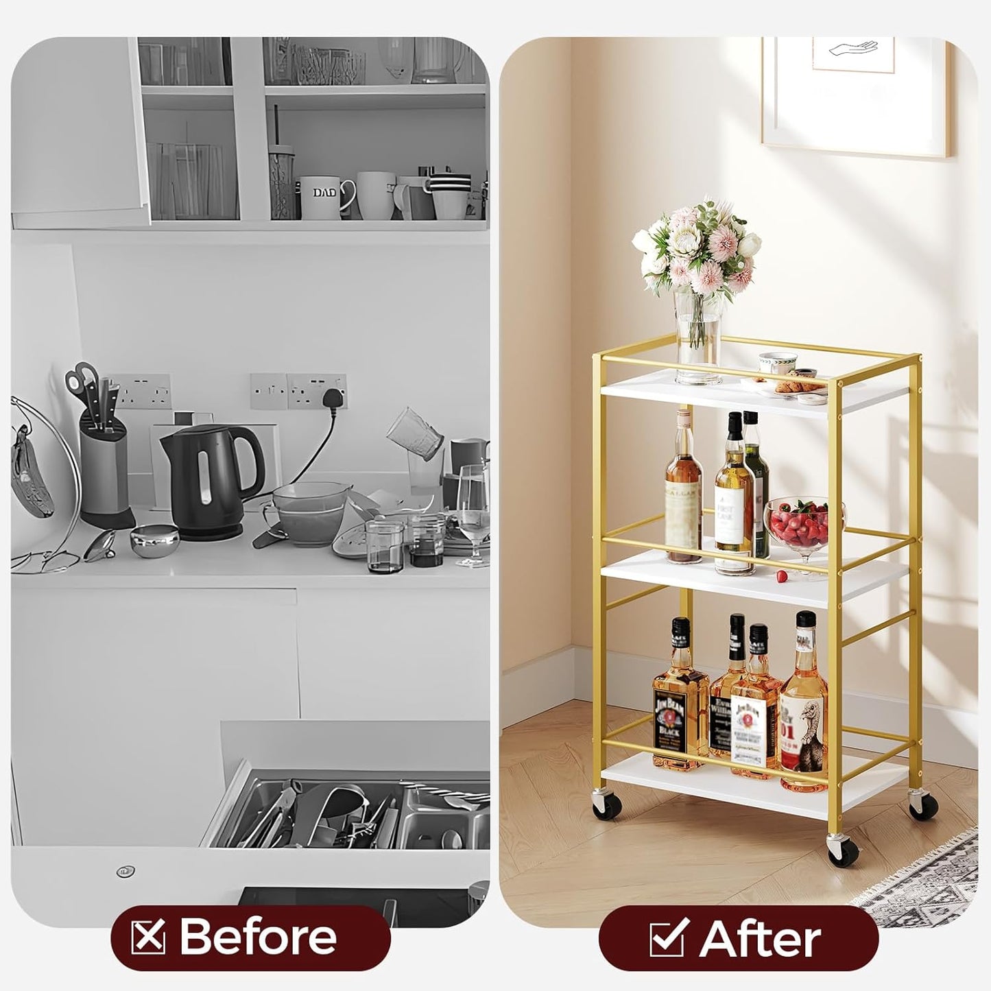 Bar Cart for The Home, 3-Tier Drink Cart on Wheels, Home Bar Serving Cart, Mini Bar Cart for Small Space, Rolling Kichen Carts for Bar, Kitchen, Dining Room, Gold RCJW4001