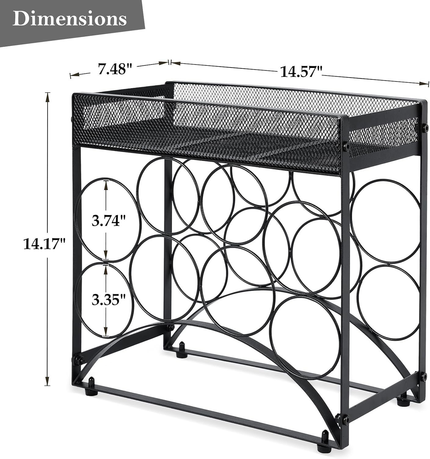 NOBLEMOOD 8 Bottles Countertop Wine Rack, Metal Tabletop Wine Bottles Holder with Top Storage Basket, Small Wine Rack Stand with Tray, Adjustable Feet for Home Kitchen Counter Dining Room