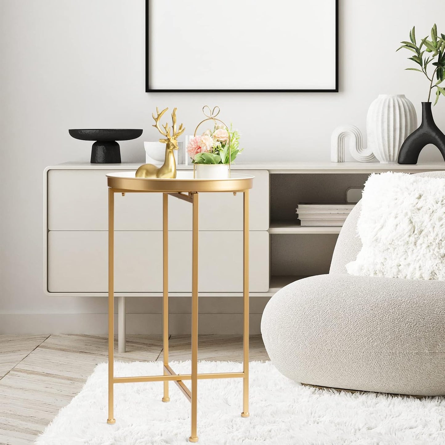 danpinera Gold Side Table, Metal Folding Black Side Table Small Round Circle End Table with Tray Top Waterproof Black Nightstand for Bedroom Living Room Small Spaces 25.75 Inch