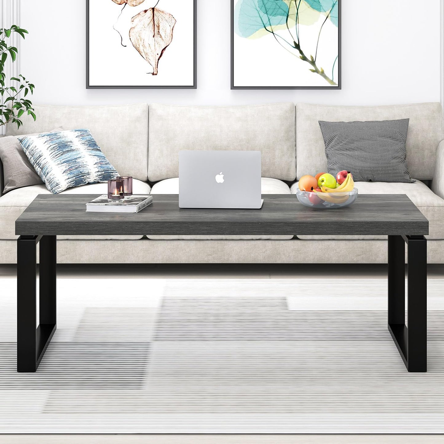 EXCEFUR Modern Coffee Table, Rustic Wood and Metal Center Table for Living Room, Industrial Rectangle Cocktail Tea Table for Home Office, Vintage Grey, 47 Inch
