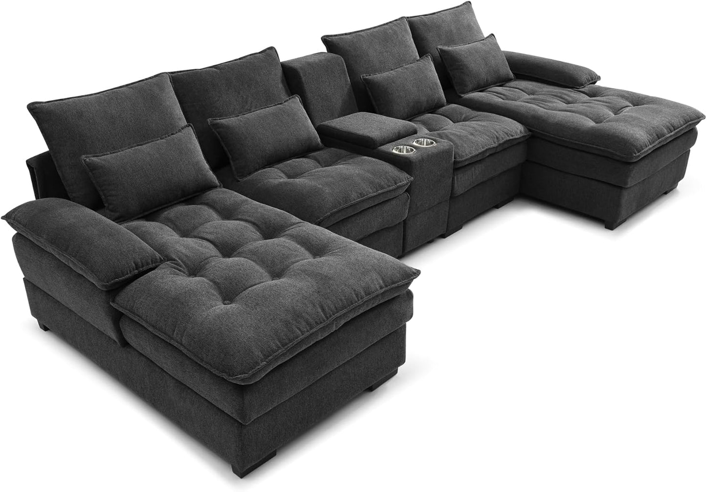 130" U-Shaped Sectional Sofa with Storage Console & Cup Holders, Upholstered 6 Seat Living Room Sleeper Couch Furniture Set w/Chaise, Cloud Cushion Couch for Home, Office, Apartment,Grey
