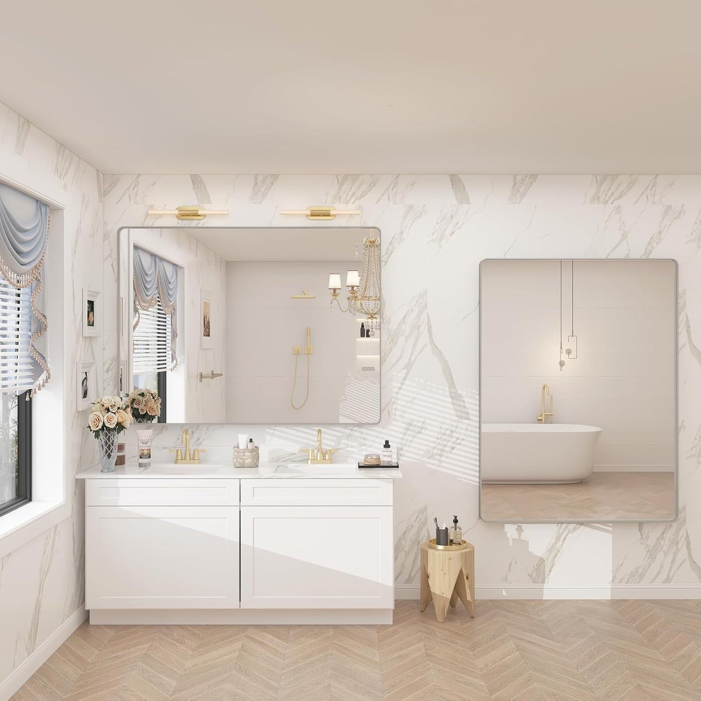 48x40 Silver Bathroom Mirrors for Vanity, Brushed Nickel Metal Silver Framed Bathroom Mirror for Wall, Rounded Rectangle Silver Mirror, Anti-Rust, Shatterproof (Horizontal/Vertical)