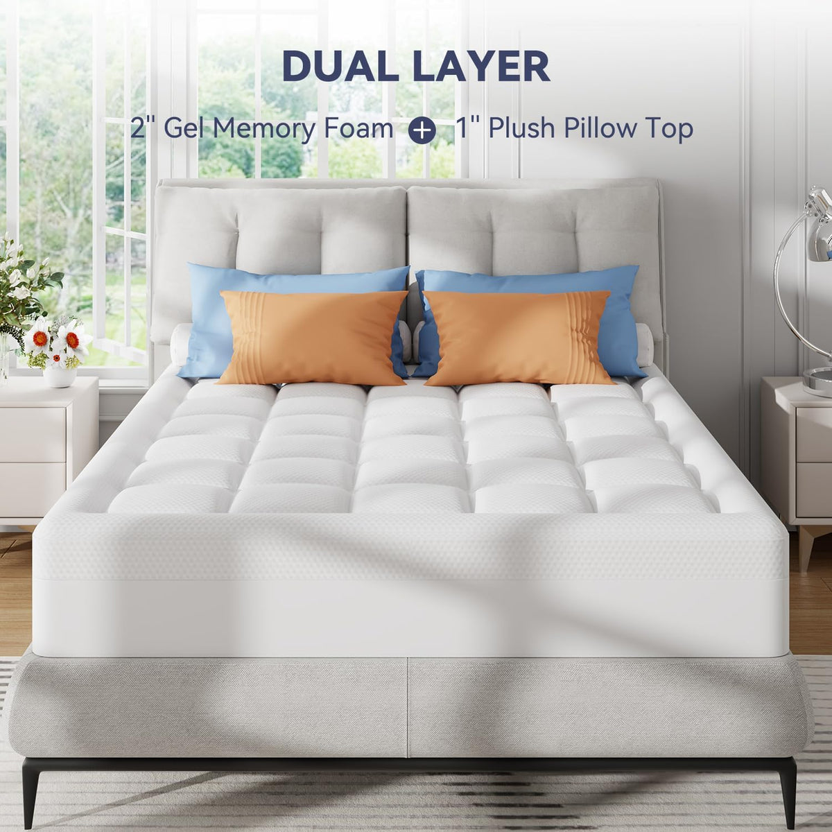 ELEMUSE Queen Size Dual Layer 3 Inch Memory Foam Mattress Topper for Pressure Relief, Breathable Pillow Top Mattress Pad with Deep Pocket, Enhanced Support, Non-Slip Design & Removable & Washable