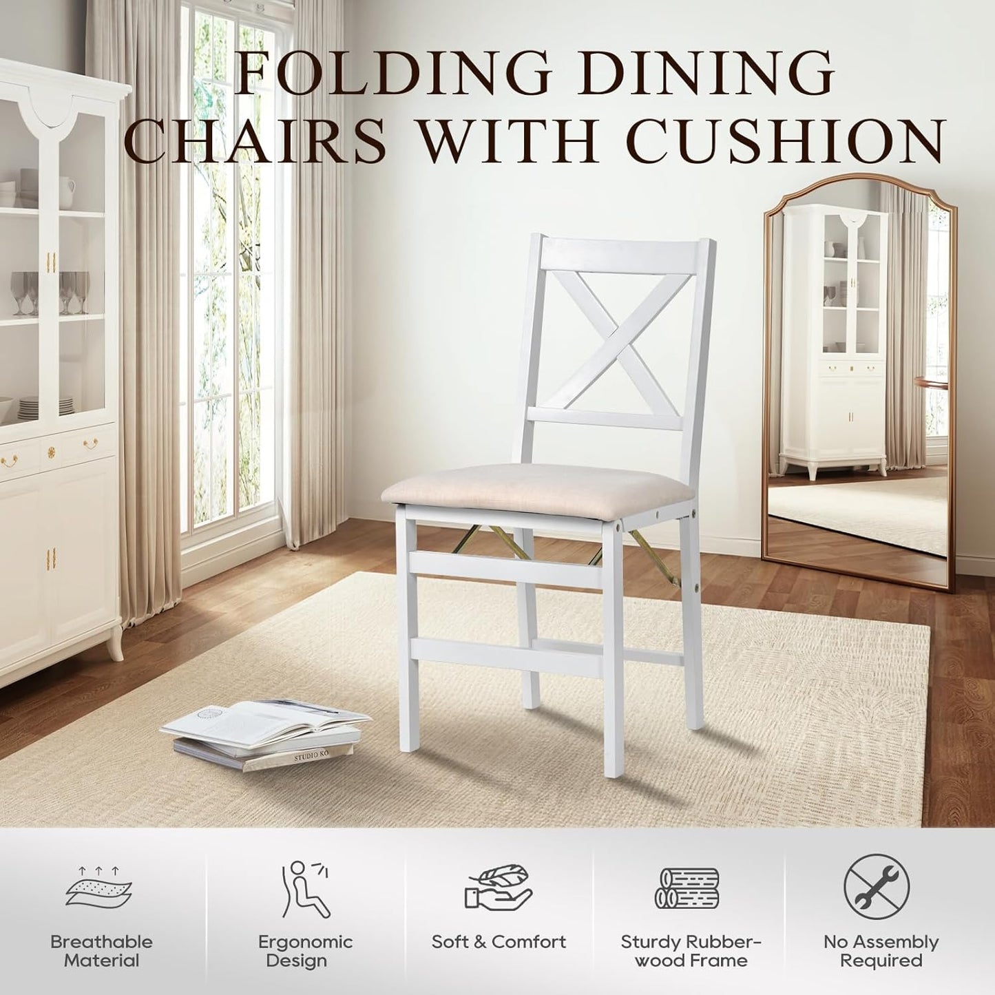 COLAMY Folding Dining Chairs Set of 2 – White Wooden Dining Room Chairs for Small Spaces, Pre-Assembled, Space Saving Kitchen & Dining Room Furniture, Indoor Outdoor Use