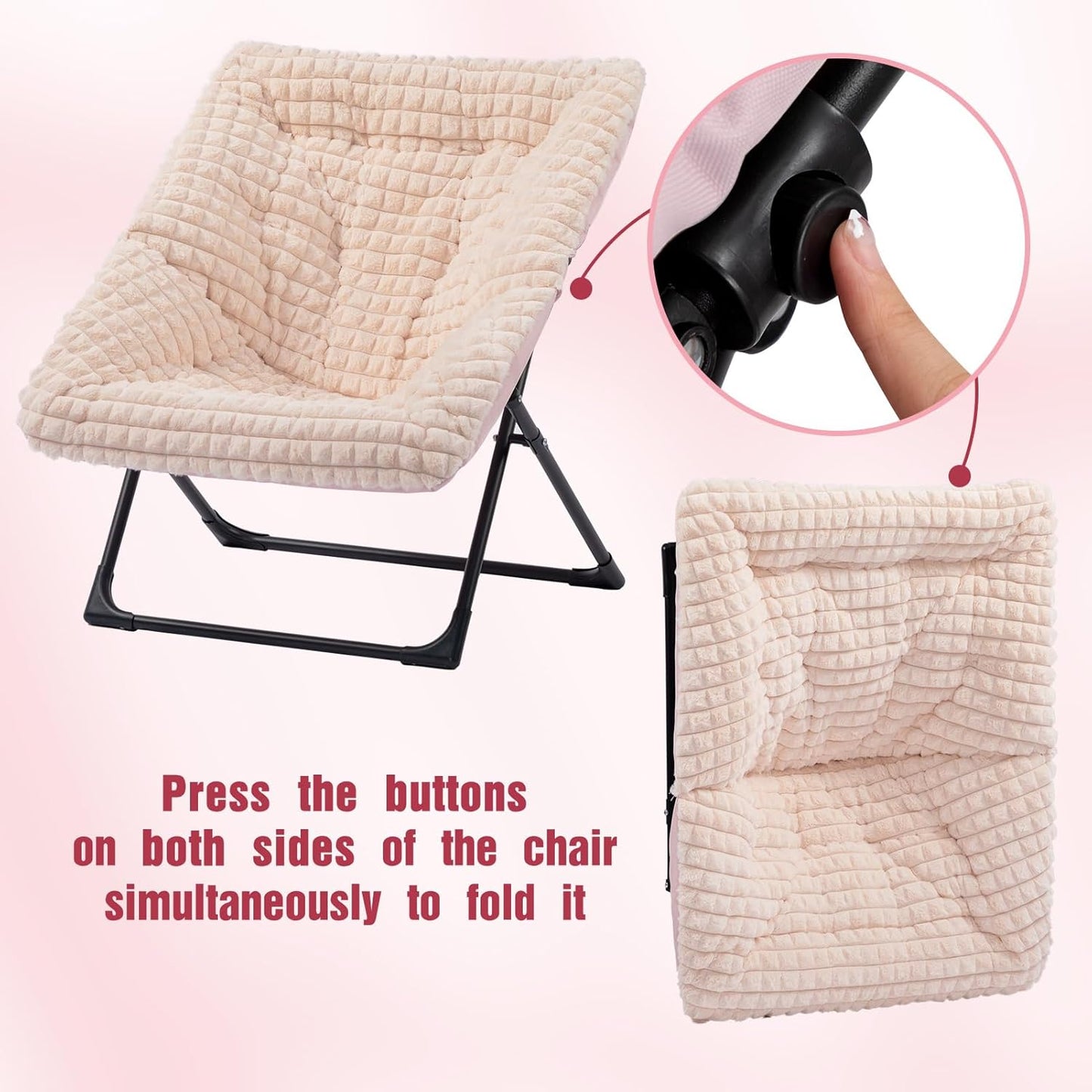 HollyHOME X-Large Saucer Chair with Foldable Ottoman, Comfy Oversized Folding Chair and Folding Footrest Stool Set, Faux-Fur Reading Chair and Footstool for Living Room, Champagne Pink Chair&Stool