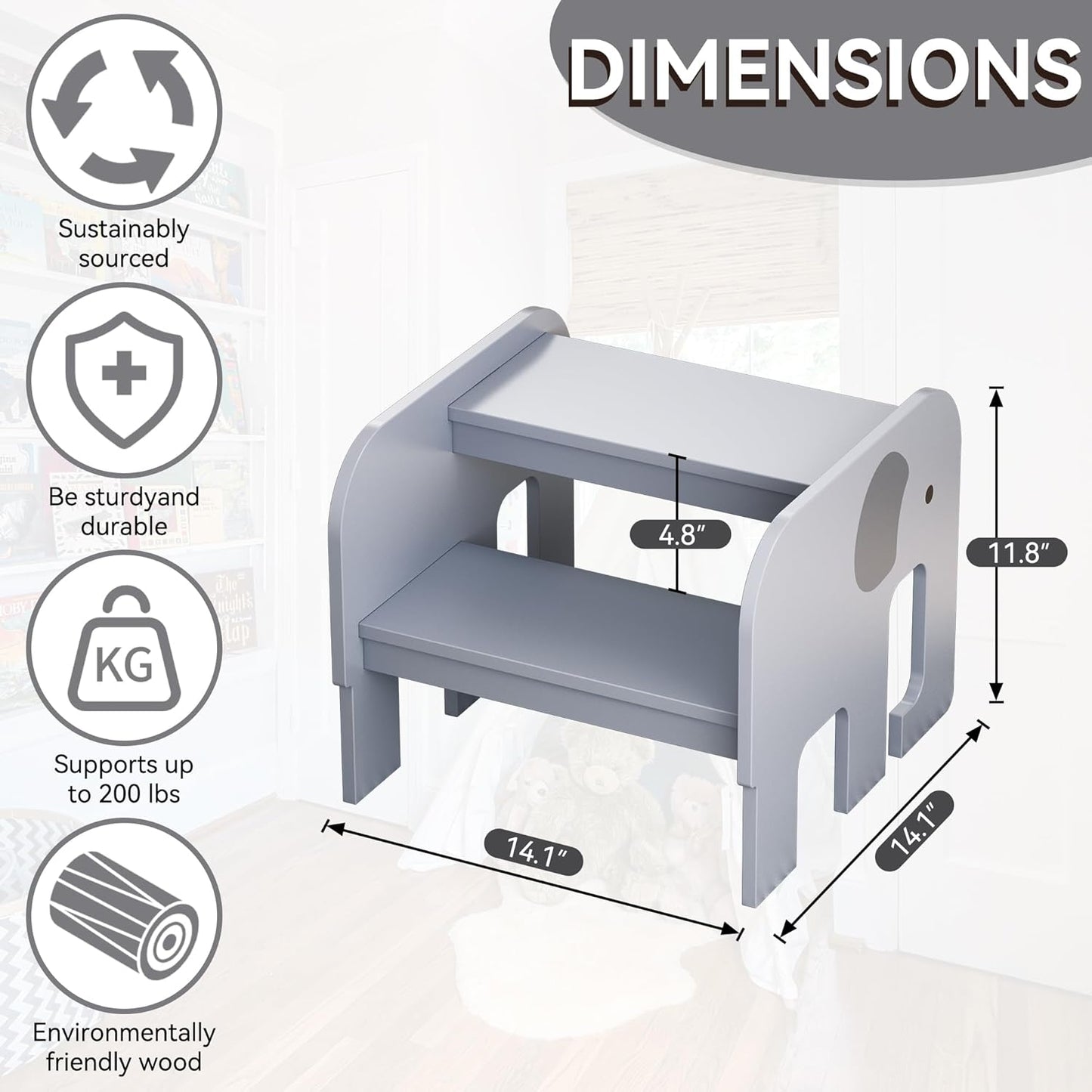 Wood Step Stools for Kids, Child Two Step Stool of Elephant Shape, Toddler Step Stools Potty Training Stool, Easy to Move Safety for Kitchen, Bathroom, Bedroom, Toilet