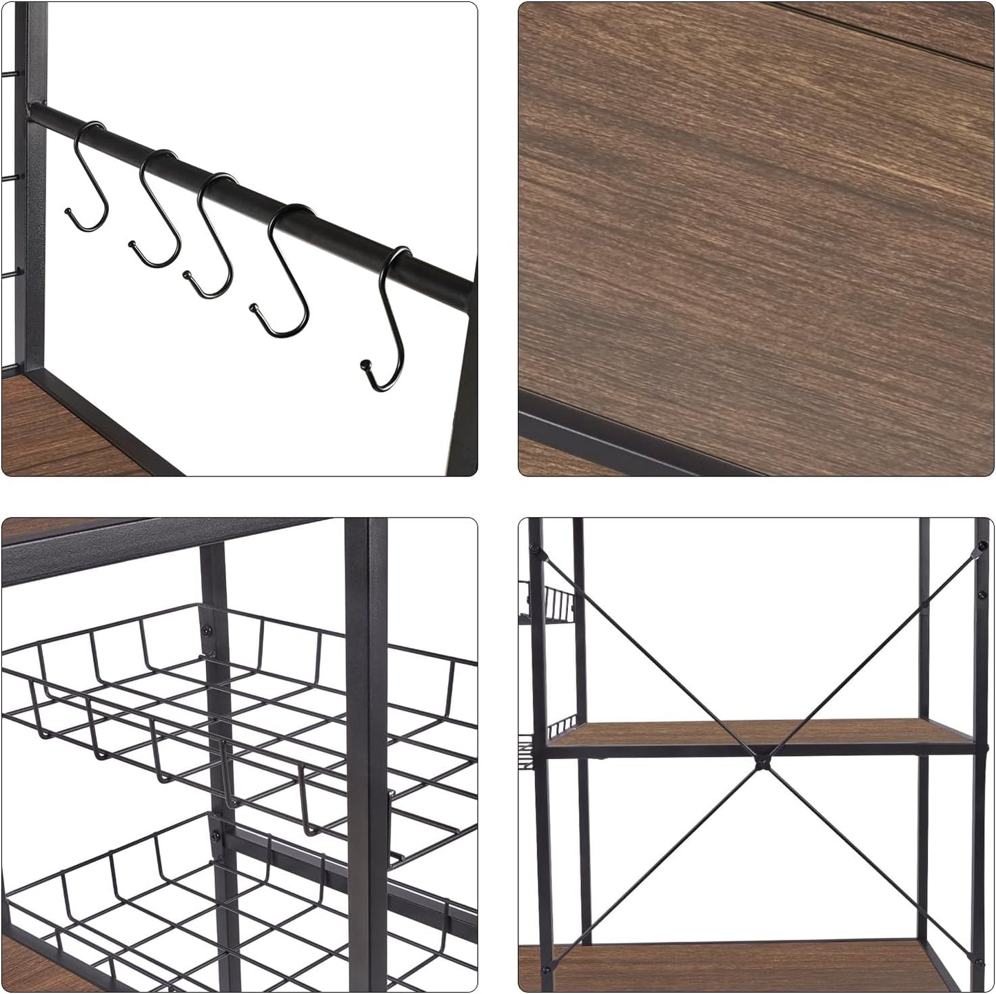 Bakers Rack with Power Outlet, Microwave Stand with Storage, Coffee Bar Organizer Cabinet with Wire Basket, Kitchen Shelf for Spices, 10 Hooks, Industrial, Brown