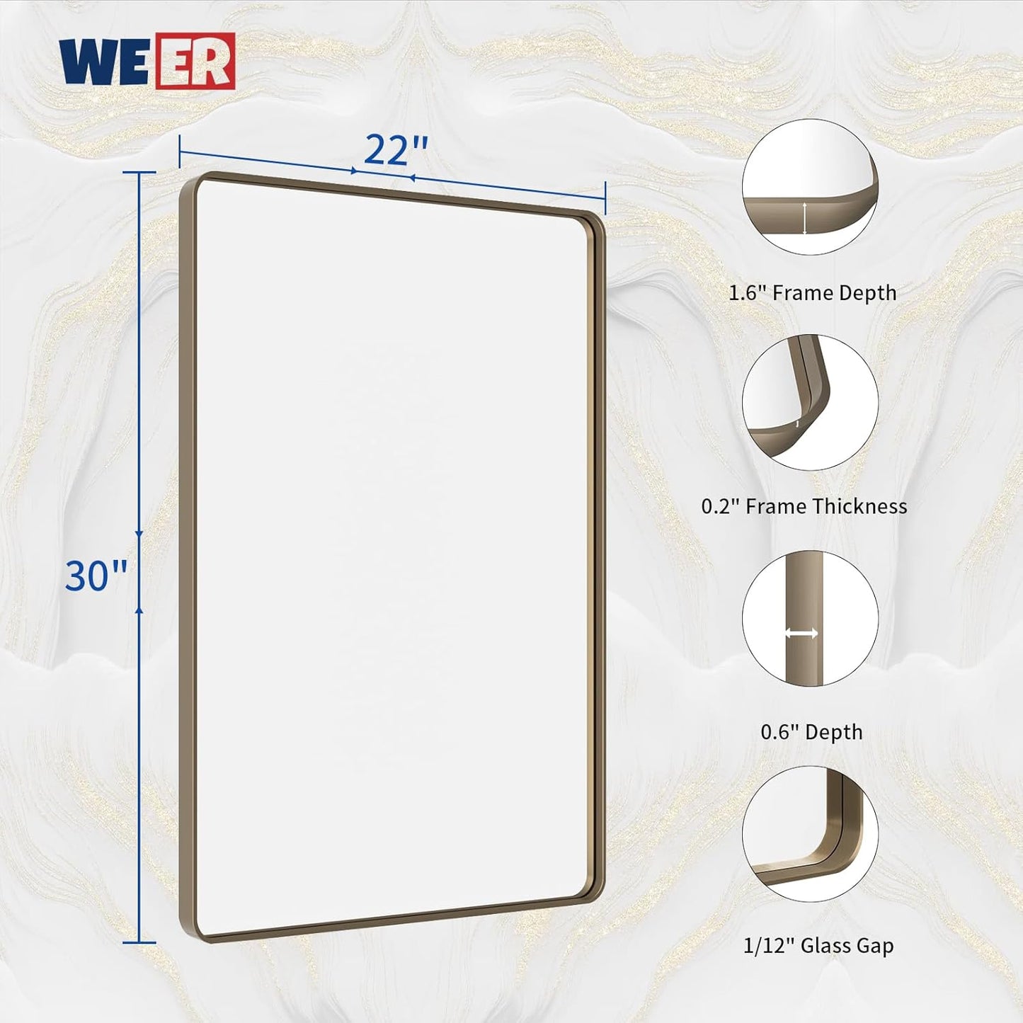 WEER 22x30 Inch Bronze Bathroom Mirror for Vanity, Brushed Bronze Metal Frame Rounded Rectangle Mirror with Tempered Glass, Anti-Rust (Horizontal/Vertical)