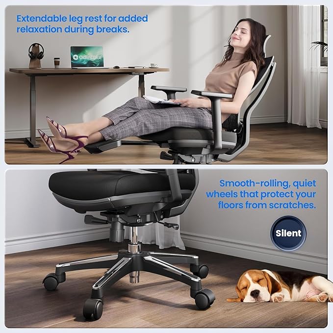 OdinLake L2 Ergo PRO 633 Ergonomic Office Chair with Footrest - Adjustable Seat Depth, 3D Armrests & Lumbar Support, Mesh High Back with Memory Foam Cushion, Gaming Chair with Headrest for Long Hours