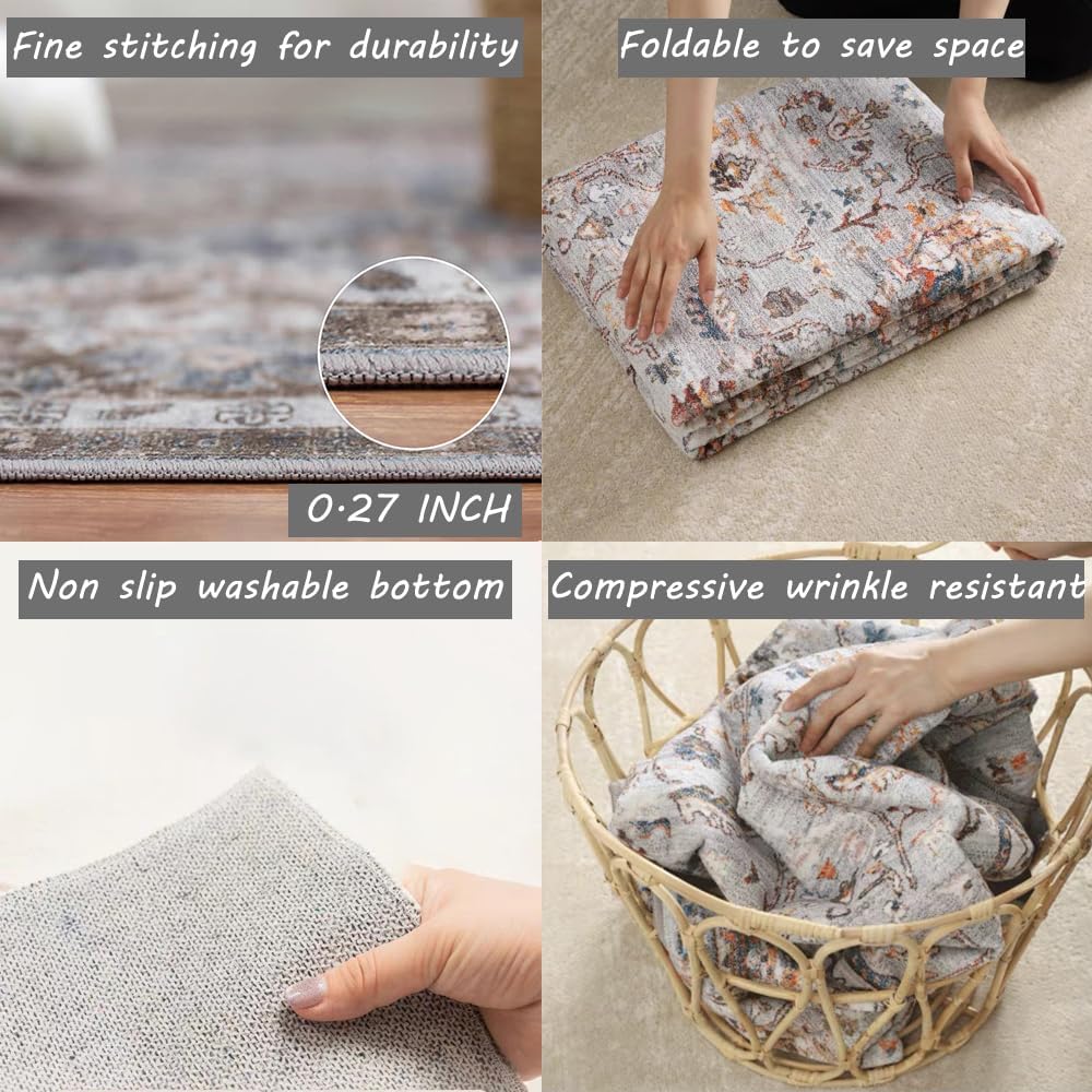 Area Rug 6x9 Washable Rug Gray Vintage Traditional Floor Cover Thin Rug Retro Kitchen Indoor Distressed Non Slip Carpet Floral Print Mat Living Room Bedroom Dining Room