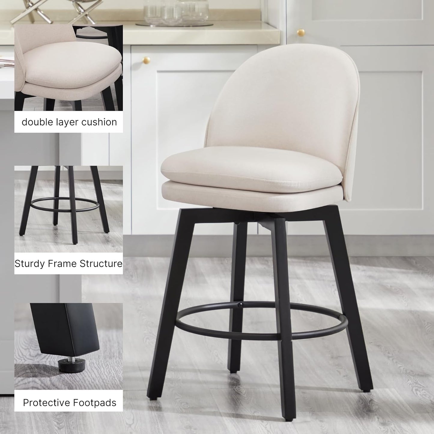 Counter Height Barstools 26 inch Upholstered Swivel Bar Stools with Back and Wood Legs for Kitchen Island,Set of 3,Beige Fabric-Armless