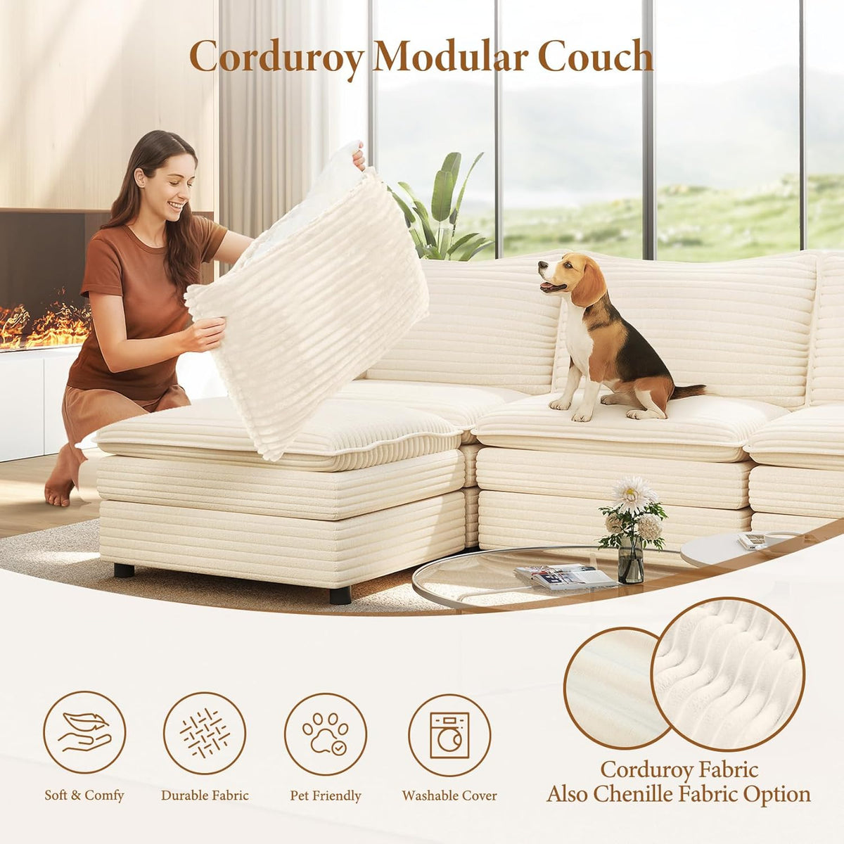 Vesgantti 108" U Shaped Sectional Couch, Comfy Cloud Modular Sectional Sofa with 2 Ottoman Deep Seat Corduroy Modern Cloud Sofa, Modular Sofas for Living Room, Bedroom and Apartment, Beige