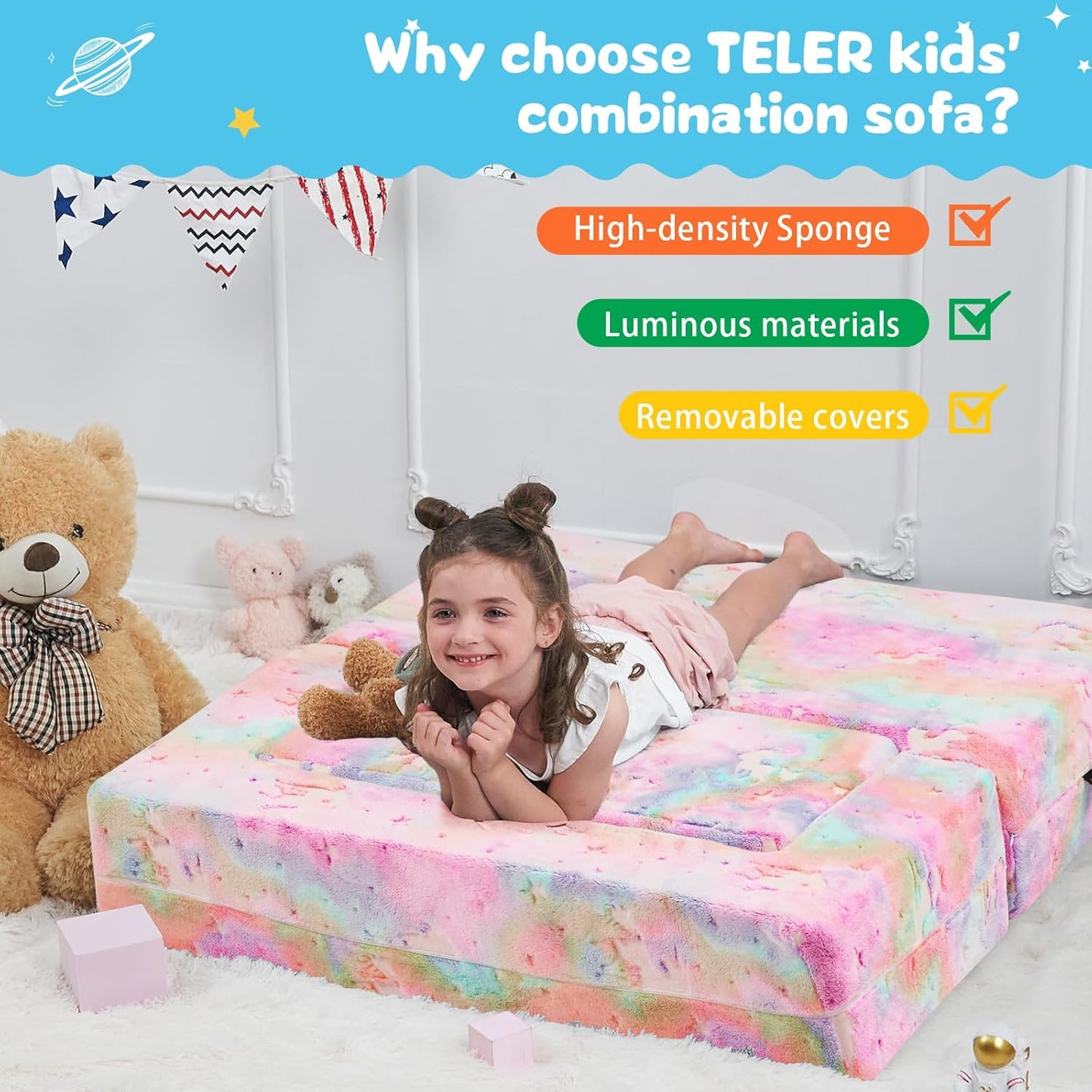 Modular Kids Couch, Glow in The Dark Sofa 3 in 1 Fold Out Kids Sofa with Washable and Durable Covers for Boys, Rainbow Unicorn