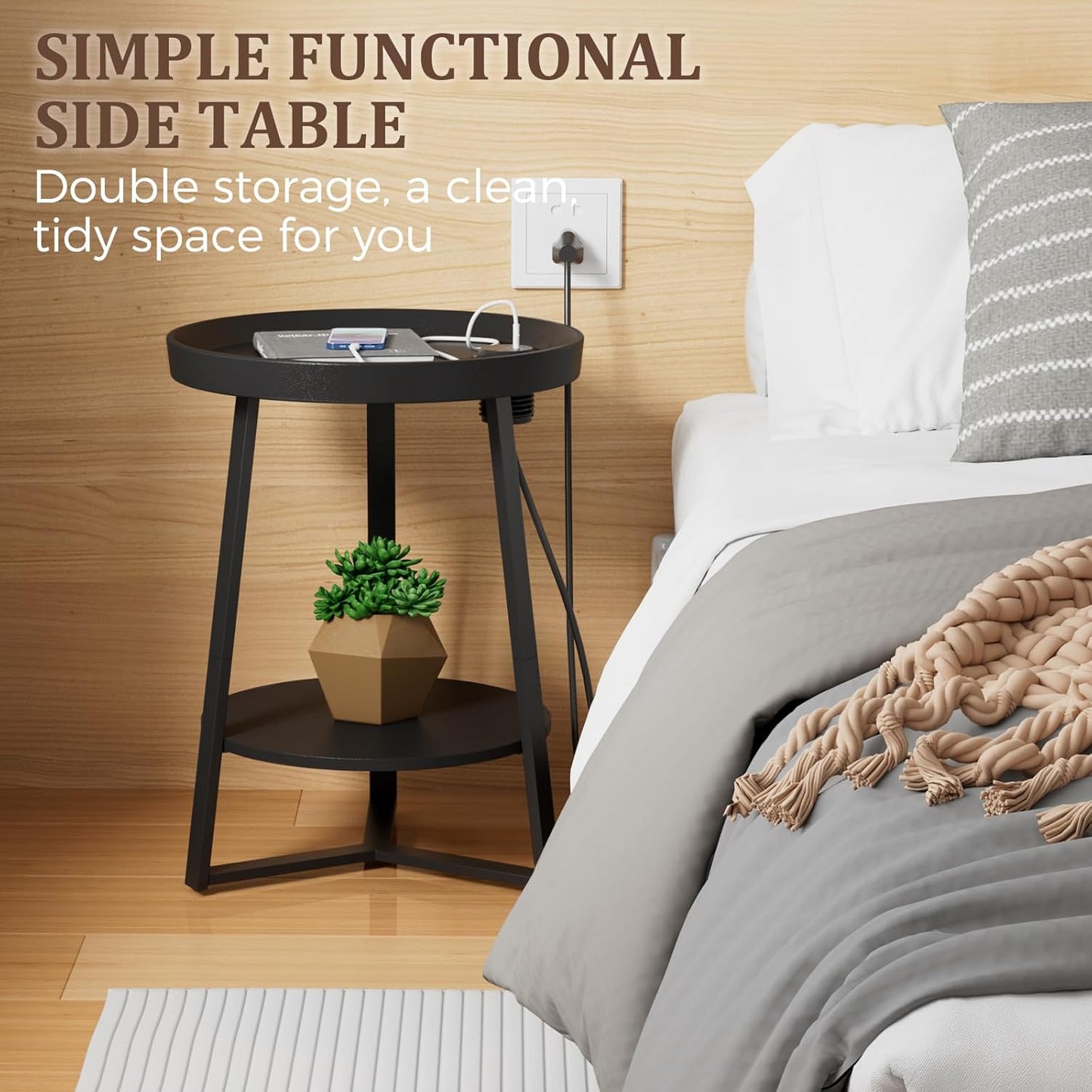 Gadroad Round End Table with Charging Station, USB Ports and Anti-Drop Fence, Wood Tabletop & Black Metal Frame, 2-Tier Side Table for Living Room, Bedroom, Black 15.7 * 15.7 * 23.0 inches