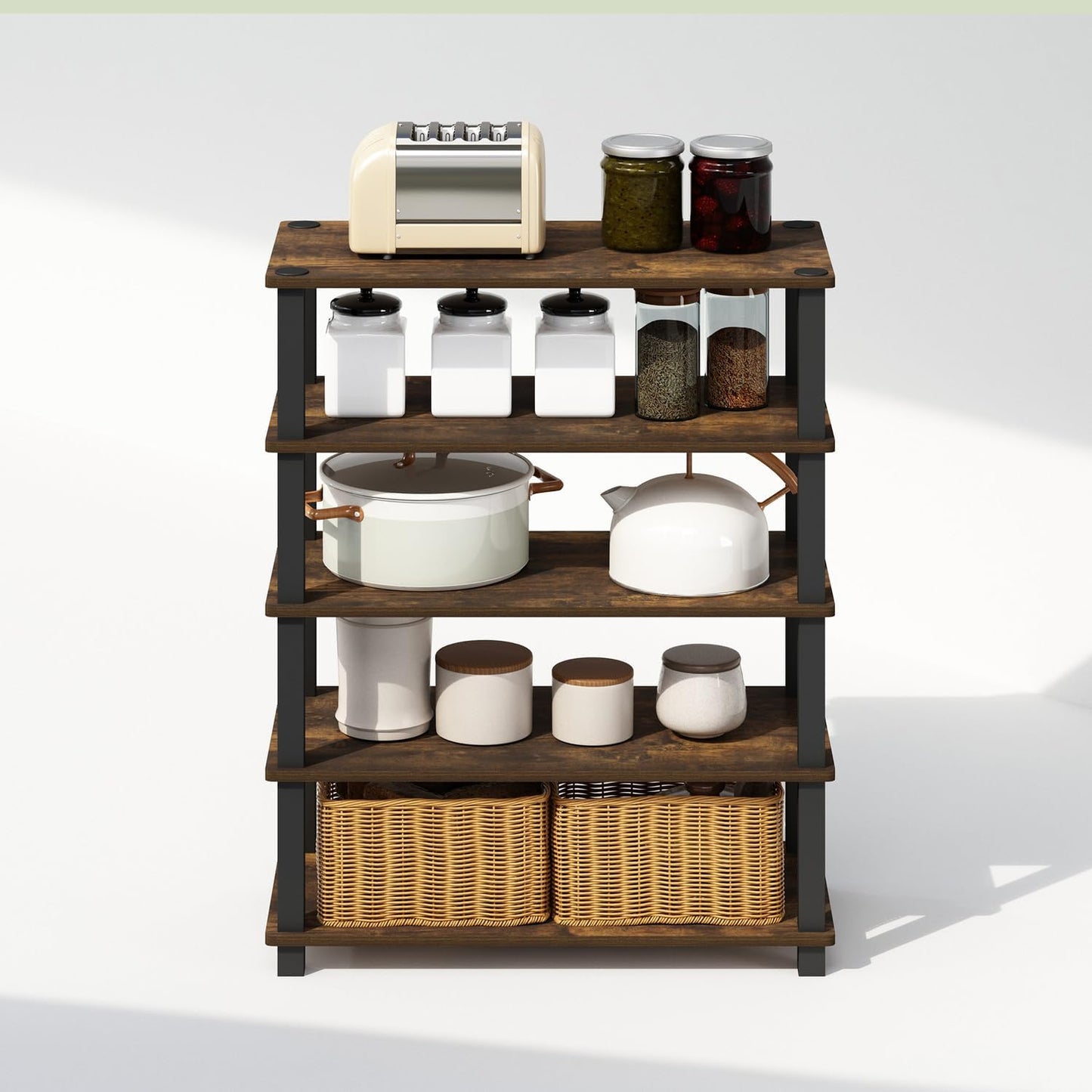 Furinno Turn-S-Tube 3-Tier Multipurpose Stackable Standing Shelves, Amber Pine/Black, Set of 2