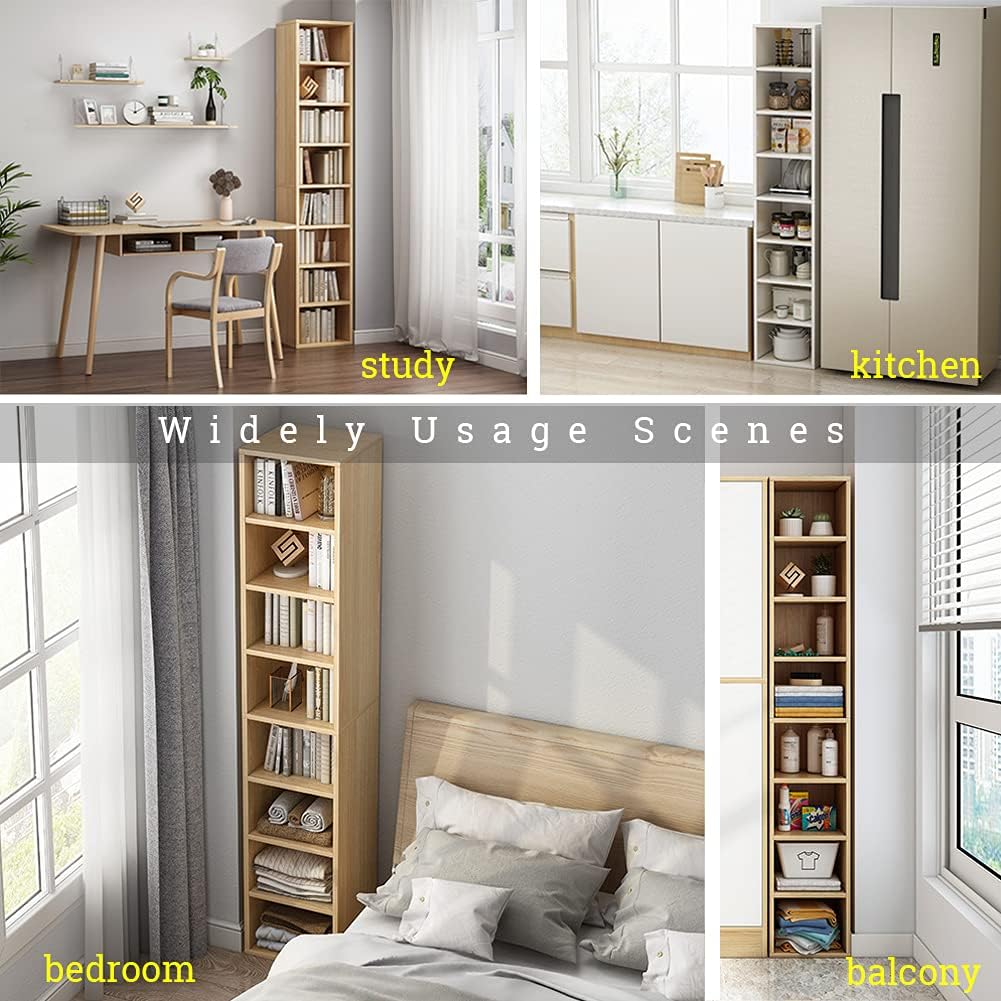 IOTXY Small Narrow Corner Bookcase - 71 Inches Tall Gap Freestanding Storage Cabinet, 8 Lattices Open Shelves Tower Rack, Cubes Bookshelf in Oak