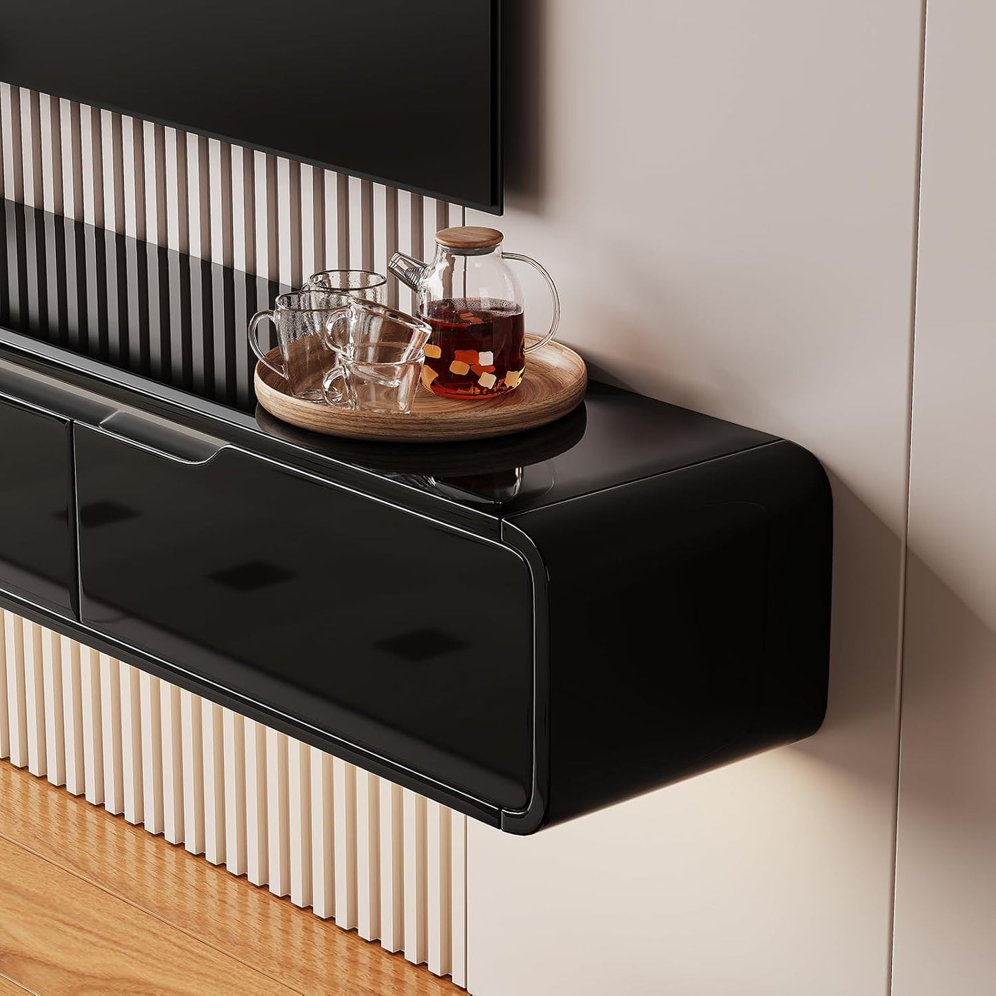 High Gloss Floating TV Stand with 3 Doors,70'' Wall Mounted TV Cabinet,Under TV Console,Floating Media Shelft for Bedroom Living Room(Black)
