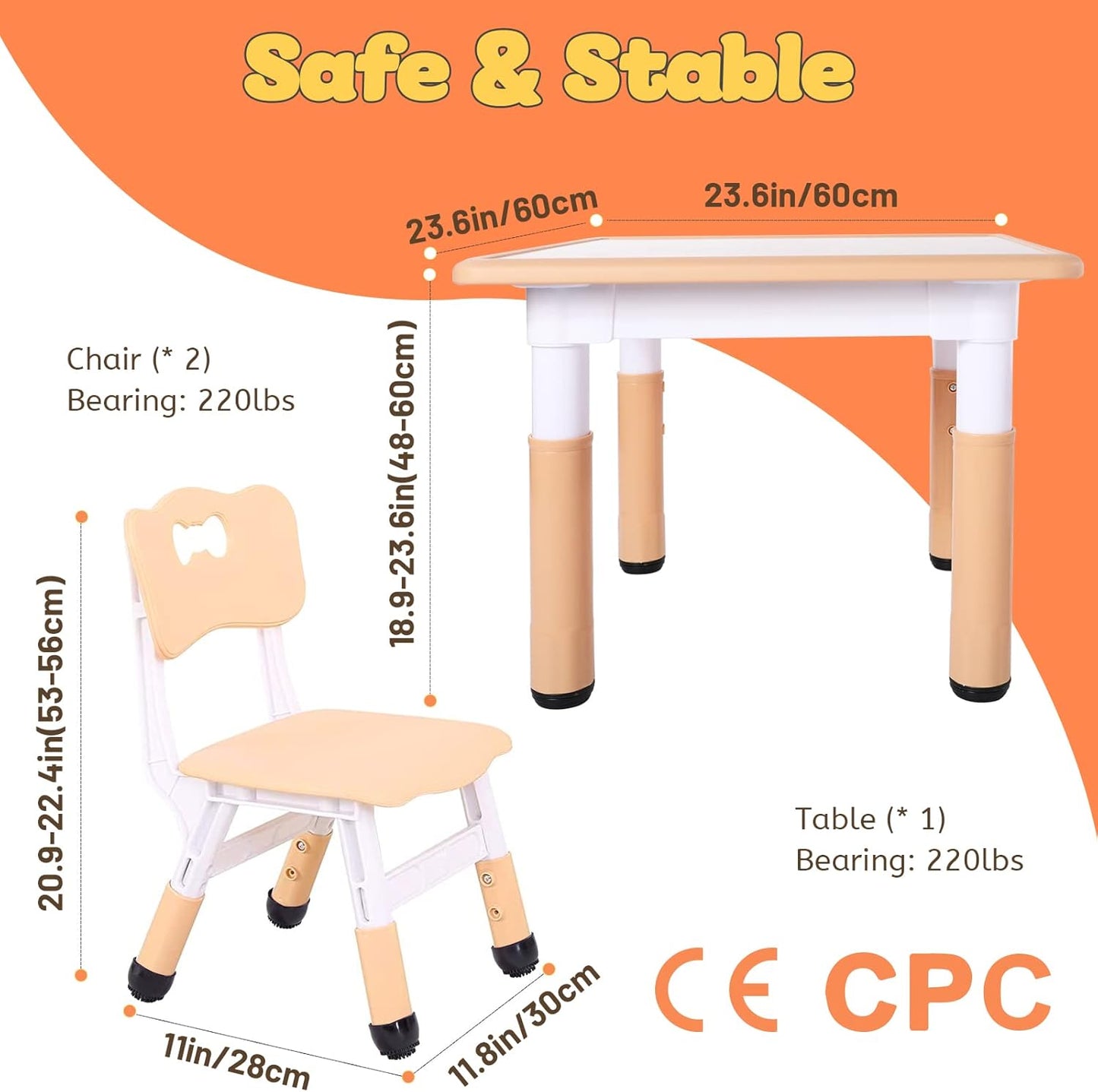 FUNLIO Kids Table and 2 Chairs Set, Height Adjustable Toddler Table and Chair Set for Ages 3-8, Easy to Wipe Arts & Crafts Table, for Classrooms/Daycares/Homes, CPC & CE Approved (3pcs Set) - Natural
