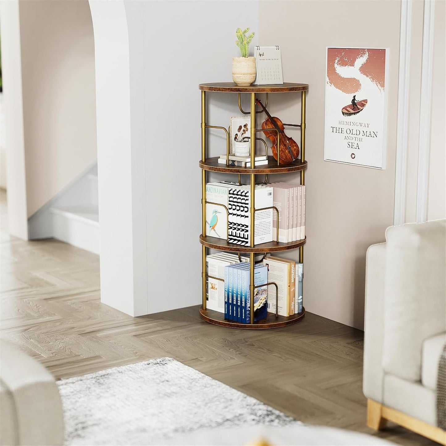 Rotating Bookshelf, 3 Tier Round Revolving Bookcase with Special Visible Partition Storage, 360° Display Spinning Bookshelf Tower Storage Organizer Rack for Bedroom, Living Room, Small Space, Gold