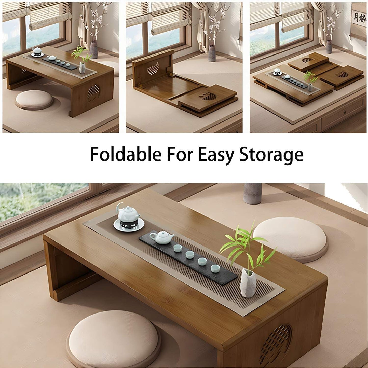 Folding Coffee Table Foldable Japanese Floor Table Low Table for Living Room,Dining Room,Tea,Tatami,Home Decoration (31.49 * 19.68 * 12.2 INCH)