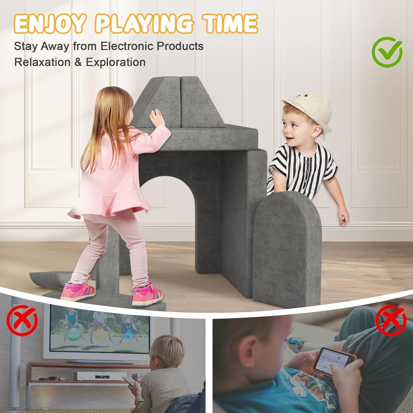 Modular Kids Play Couch 10PCS – Convertible Kids Sofa & Toddler Play Couch with DIY Foam Pieces for Imaginative Play, Climbing & Relaxation for Playroom, Bedroom, Nursery & Living Room