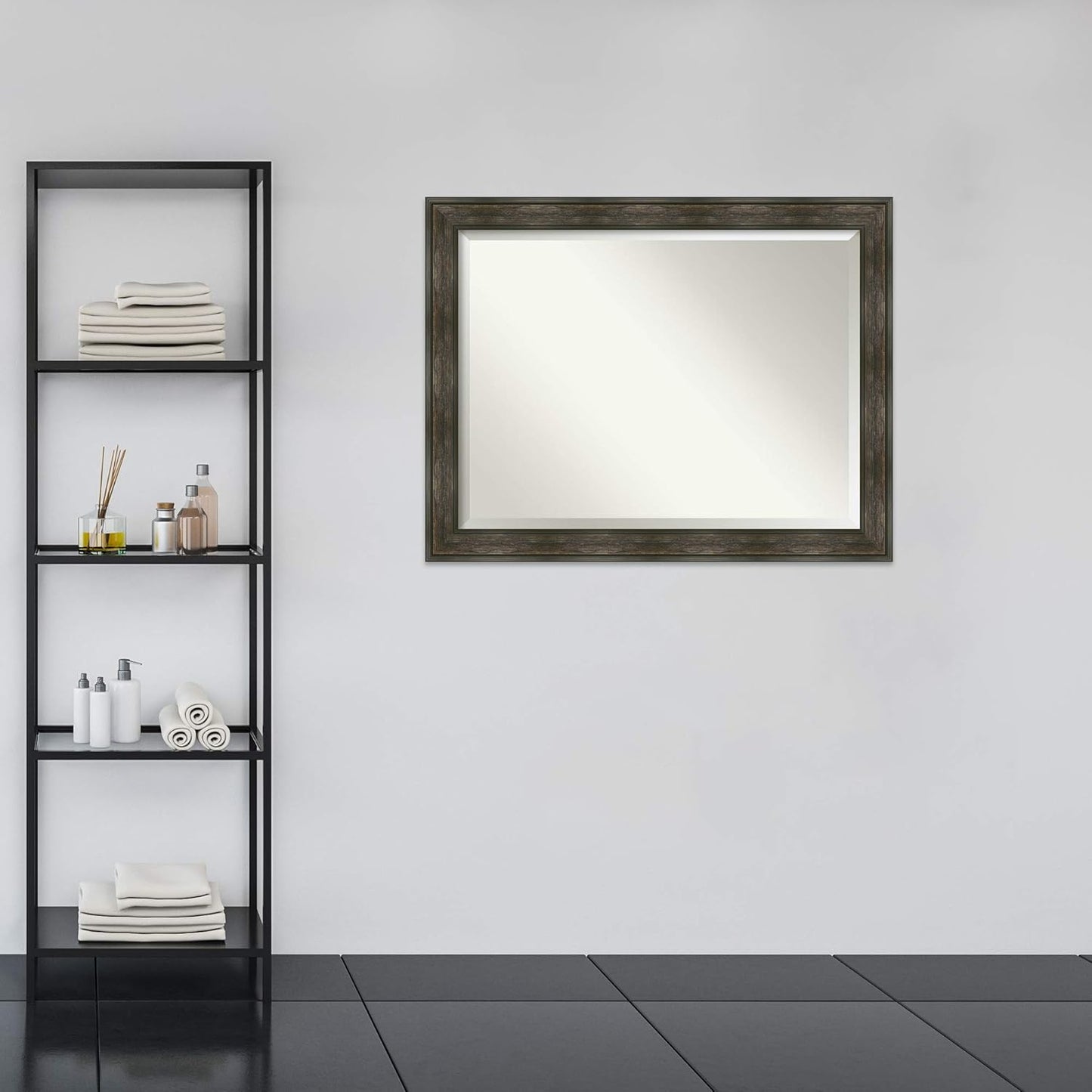 Amanti Art Brown Bathroom Mirror for Over Sink, 36x46 Rail Rustic Char Rectangle Vanity Mirror, X-Large Rustic Farmhouse Frame, Hangs Horizonally and Vertically, Bathroom Wall Decor, Beveled Edge