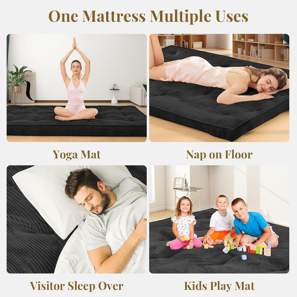 Japanese Floor Mattress, 4" Thicken Futon Mattress Twin Size Sleeping Pad, Corduroy Foldable Mattress Pad Roll Up Tatami Mat Floor Mattress for Adults(Black)