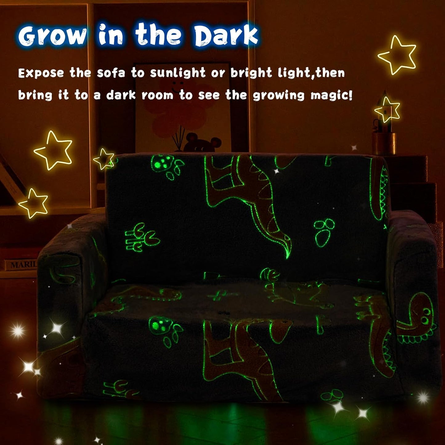 Toddler Couch,Toddler Chair,Extra Wider Seating,2-in-1 Baby Seat Furniture Fold Out, Convertible Sofa to Lounger Comfy Glow in The Dark Sofa Bed,Gifts for Kids Girl Boys,Dinosaur,Large