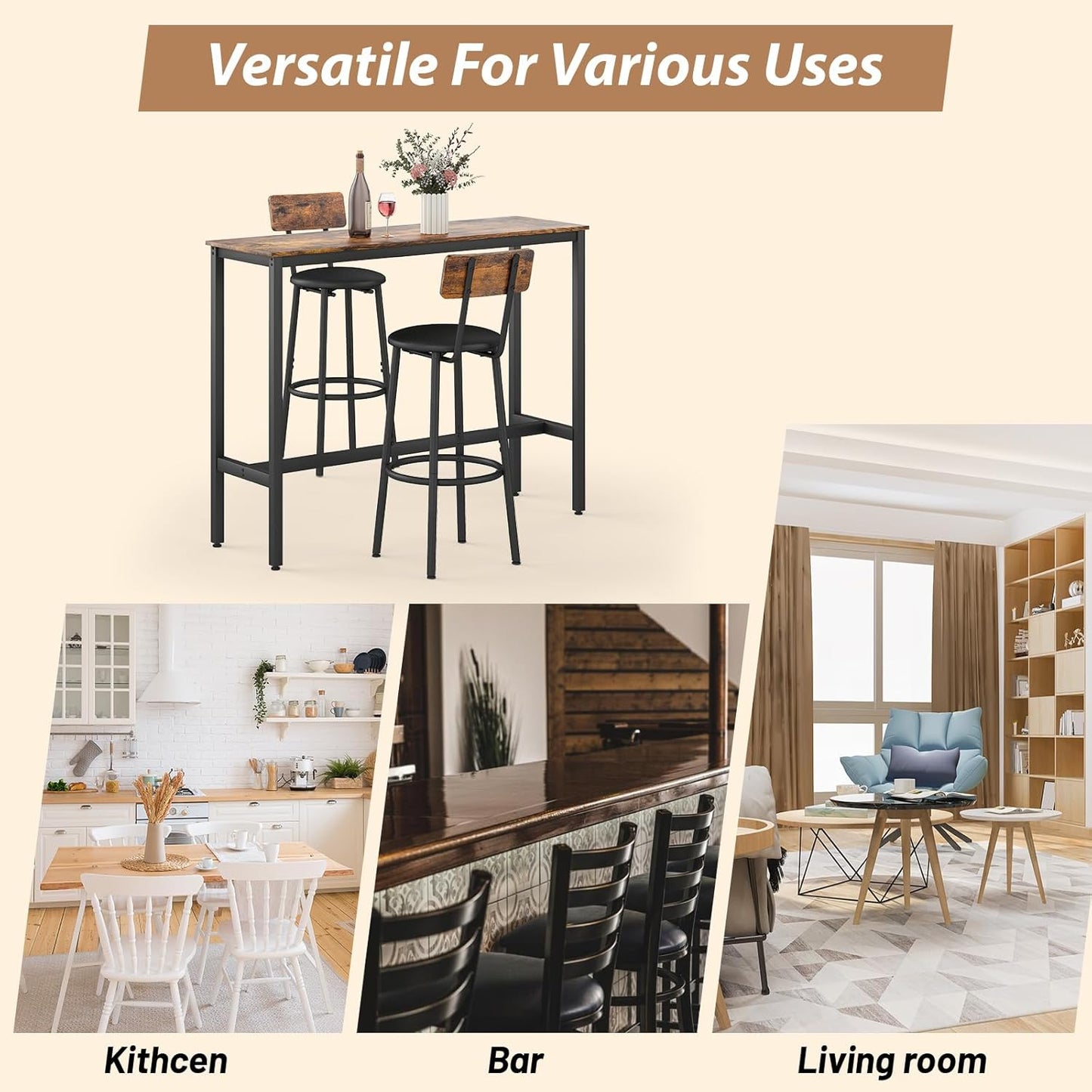 Dining Table Set for 2, 3-Piece Bar Table and Chairs Set, Kitchen Table and Chairs, High Top Table with 2 PU Upholstered Stools, Space-Saving Pub Table Sets for Small Space, Brown