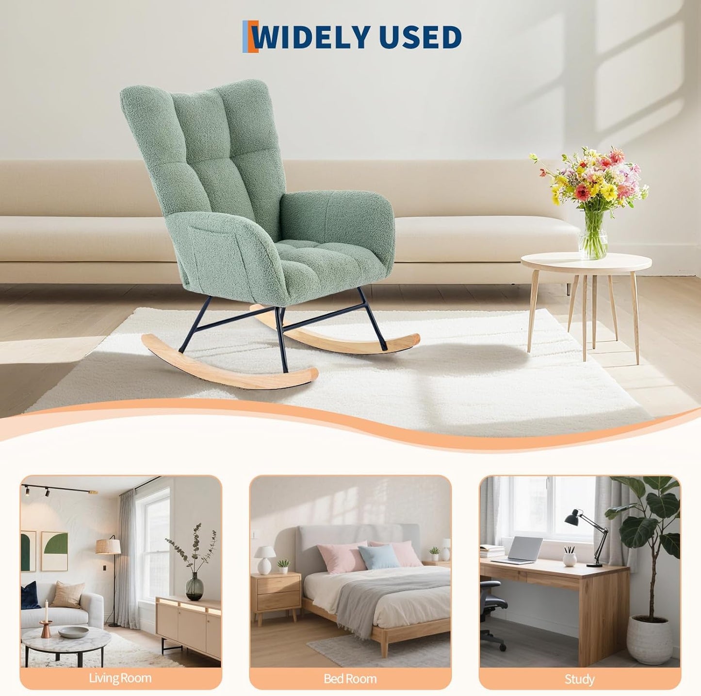 Nursery Rocking Chair,300Lb Glider Chair with Wood Legs/Two Side Pockets,Teddy Upholstered Glider Rocker with Padded Seat High Backrest for Living Room/Bedroom/Nursery