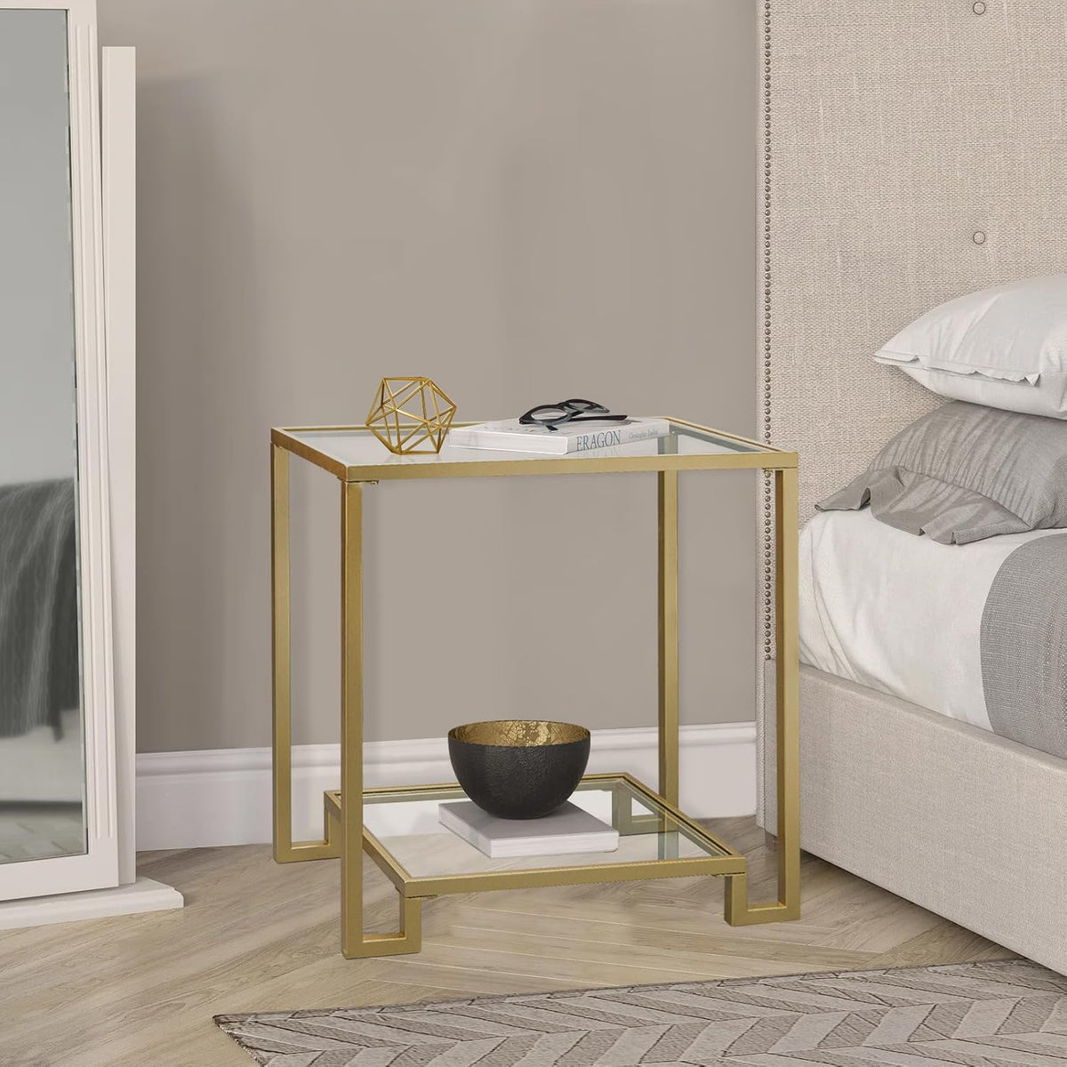 2 Tier Rectangular Side Table, Gold End Table with Glass Top, Modern Metal Clear Coffee Table,Small Accent Table for Living Room, Bedroom, 22" x 12.4" x 24"