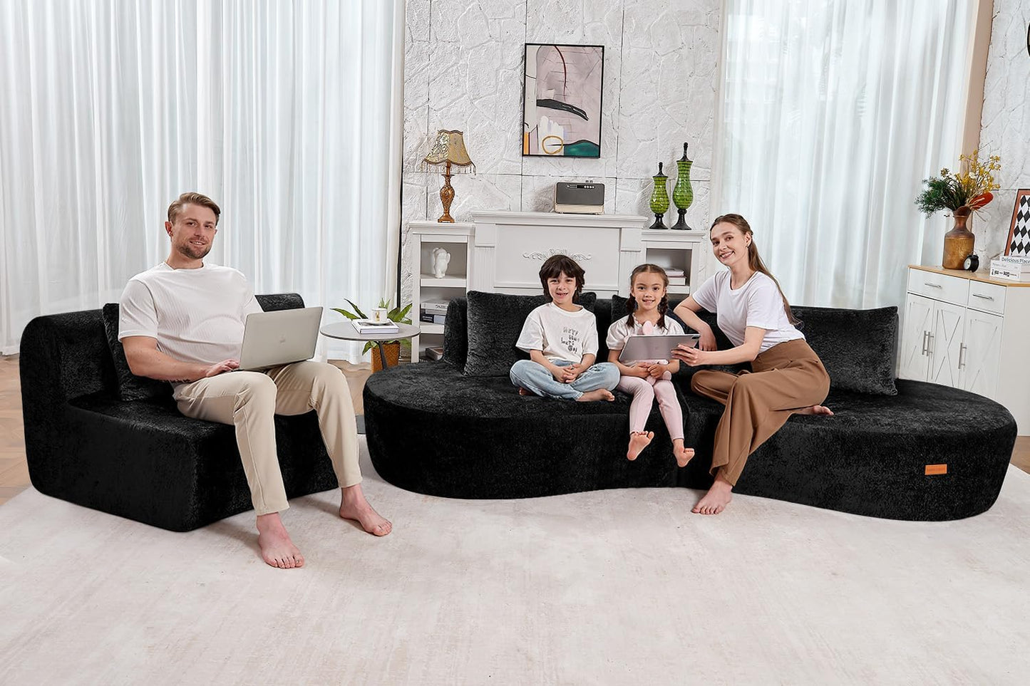 Homguava 130'' Modular Sectional Sofa,Curved Modern Sofa with Memory Foam,Deep Seat Cloud Couch with 4 Pillows,Upholstered Oversized Couches for Living Room Apartment Office,No Assembly Required-Black