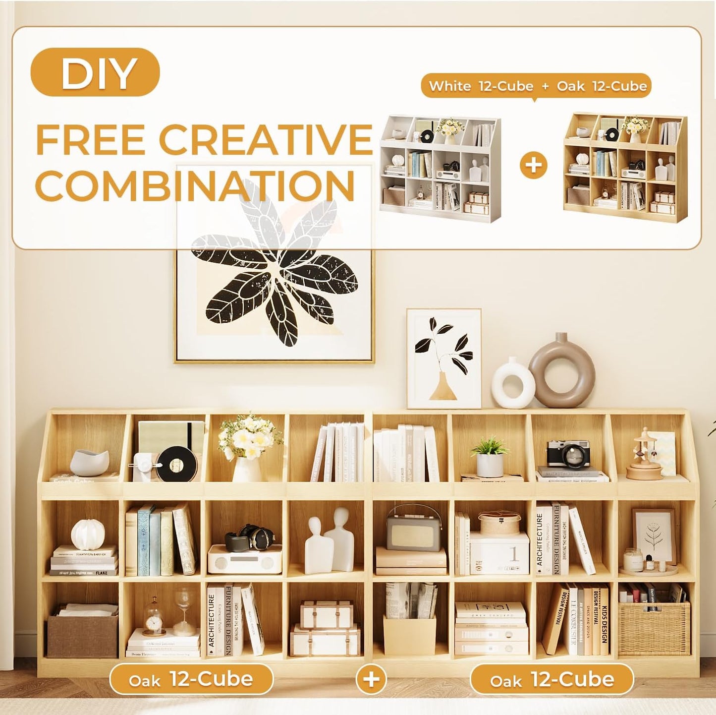 12-Cube Wooden Storage Bookcase - 11-Inch Open Shelf Cabinet, Simple Modern Bookshelf Organizer for Home Office, Living Room, Oak