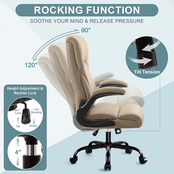 Executive Office Chair, High Back Ergonomic Comfy Desk Chair with Padded Flip-up Armrests and Wheels, PU Leather Heavy Duty Computer Swivel Rolling Task Chair for Home Office, Adults, Khaki