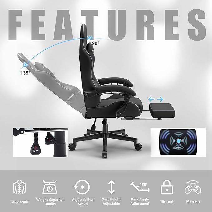 Dowinx Gaming Chair with Pocket Spring Cushion, Computer Office Game Chair, Linkage Armrests and Footrest, High Back Ergonomic Computer Chair with Lumbar Support Task Chair with Footrest(Black)