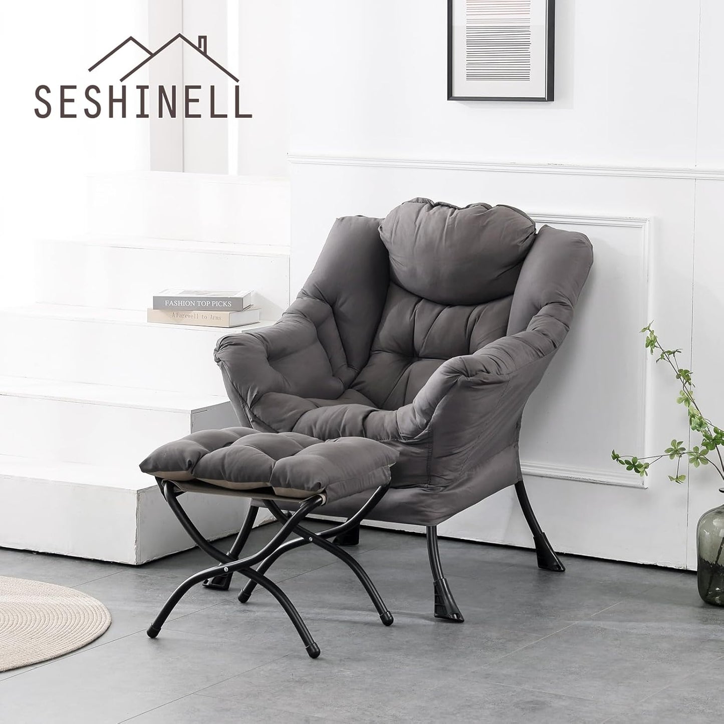 Lazy Chair with Ottoman, Modern Accent Chair Contemporary Lounge Leisure Sofa Chair with Armrests, Reading Chair and Folding Footstool Set for Living Room, Bedroom, Office, Dark Grey