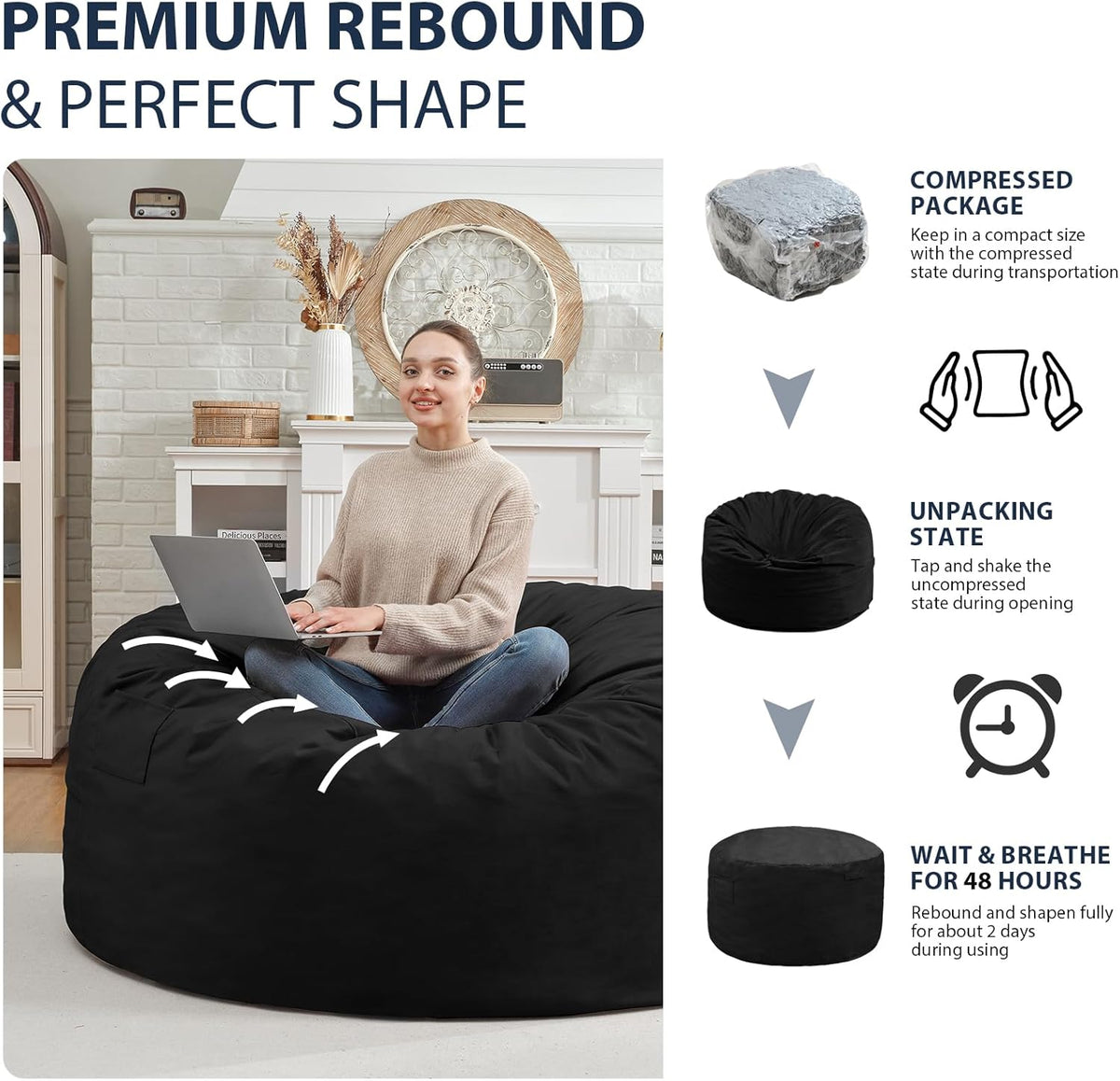 3FT Bean Bag Chair, Comfy Bean Bag Chairs with Memory Foam Filled, Fluffy Beanbag Sofa with Dutch Velvet Cover, Round BeanBag Chairs for Living Room, Playroom - Black