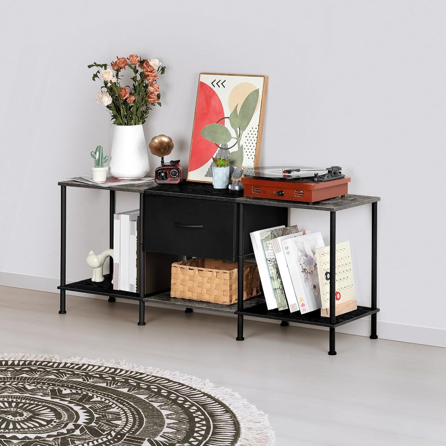 Vrisa TV Stand for 50/55 inch Television Entertainment Center with Storage Fabric Cabinet and Shelves Modern TV Console for Living Room Bedroom, Black+Grey