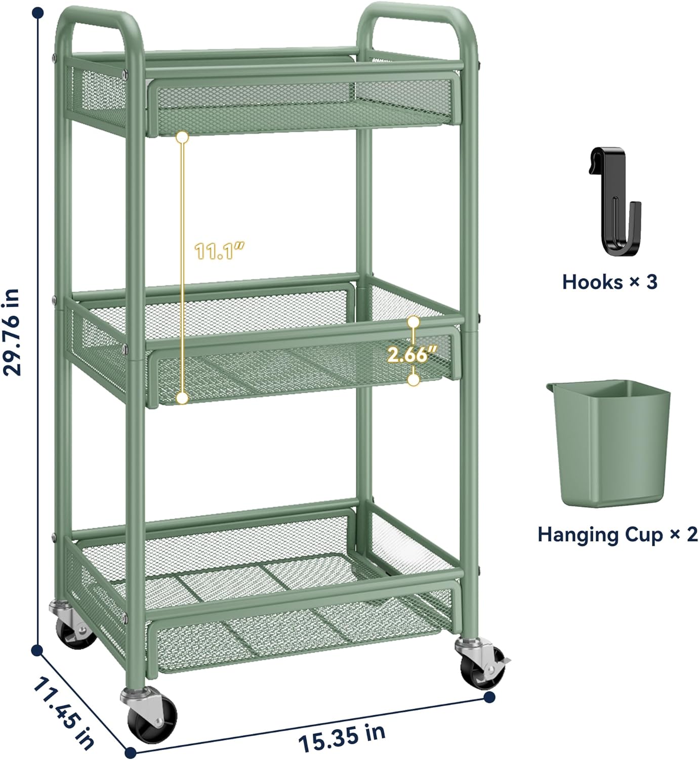 YASONIC 3 Tier Rolling Cart – Metal Utility Storage Cart with Wheels, Craft Carts Organizer with Hanging Cups, Hooks, Mesh Basket for Bedside Kitchen Office Art, Green