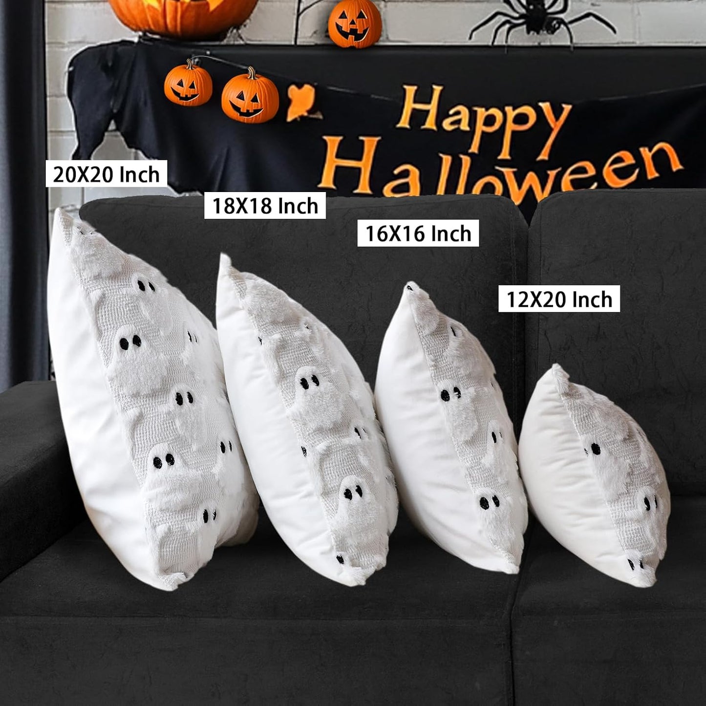 4TH Emotion Halloween Ghost Decorative Pillow Covers 20x20 Set of 2, White Soft Plush Faux Fur Farmhouse Throw Cushion Cases for Fall Autumn Holiday Home Decorations