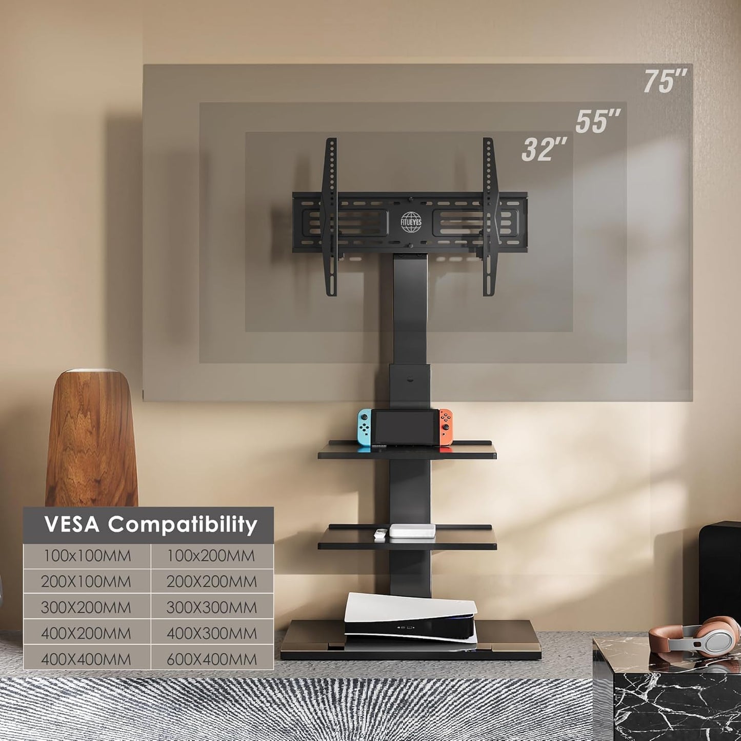 FITUEYES Iron Base Universal Floor TV Stand with Swivel Tilt, TV Mount Stand for 32-75 Inch Screens, Corner TV Stand with Height Adjustable Entertainment Shelves (Black)