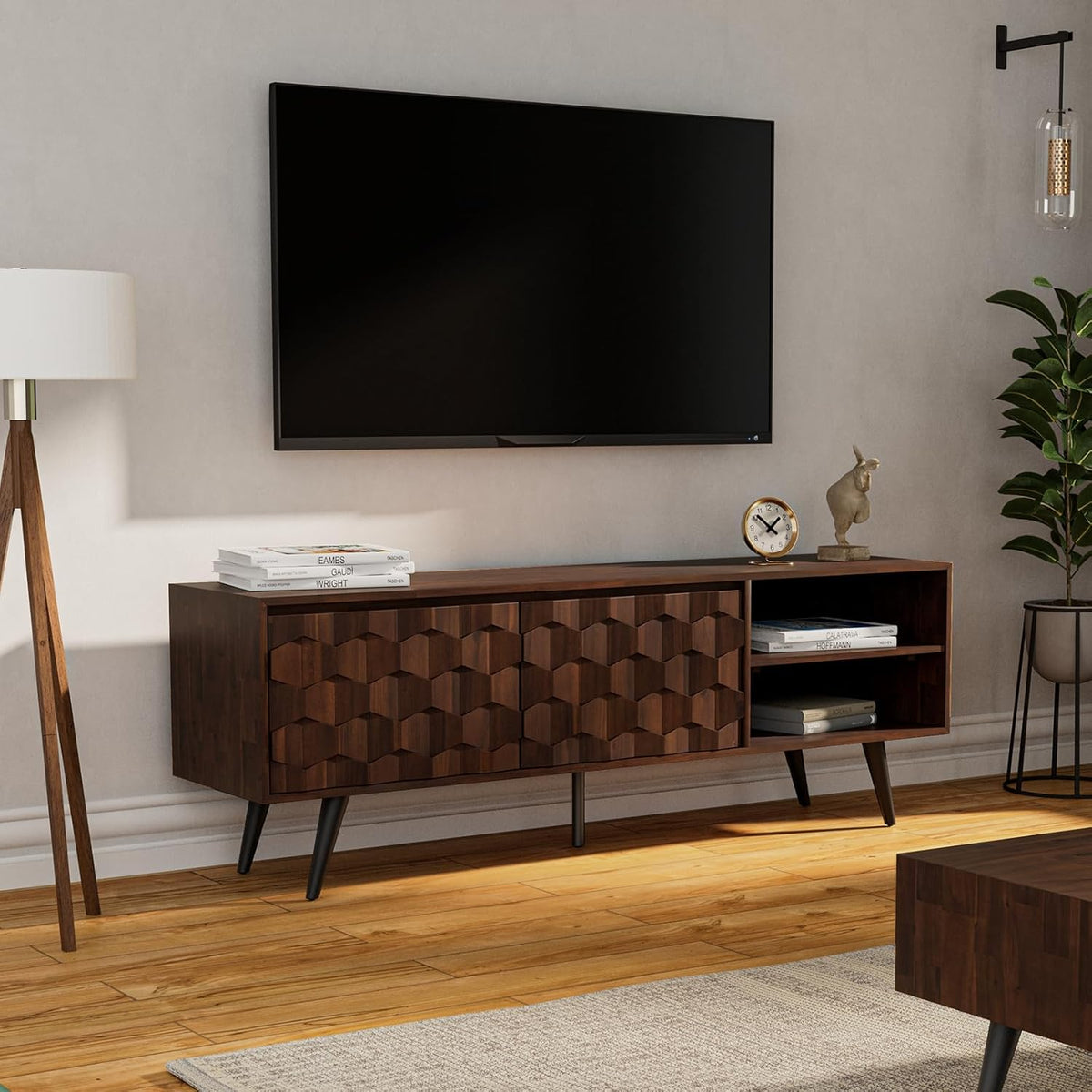 Bme Georgina 65 Inch Solid Wood TV Stand, Under 10 Minutes Assembly Entertainment Center with Storage, Geometric Pattern TV Console for Living Room, Bedroom, Dinning Room - Walnut