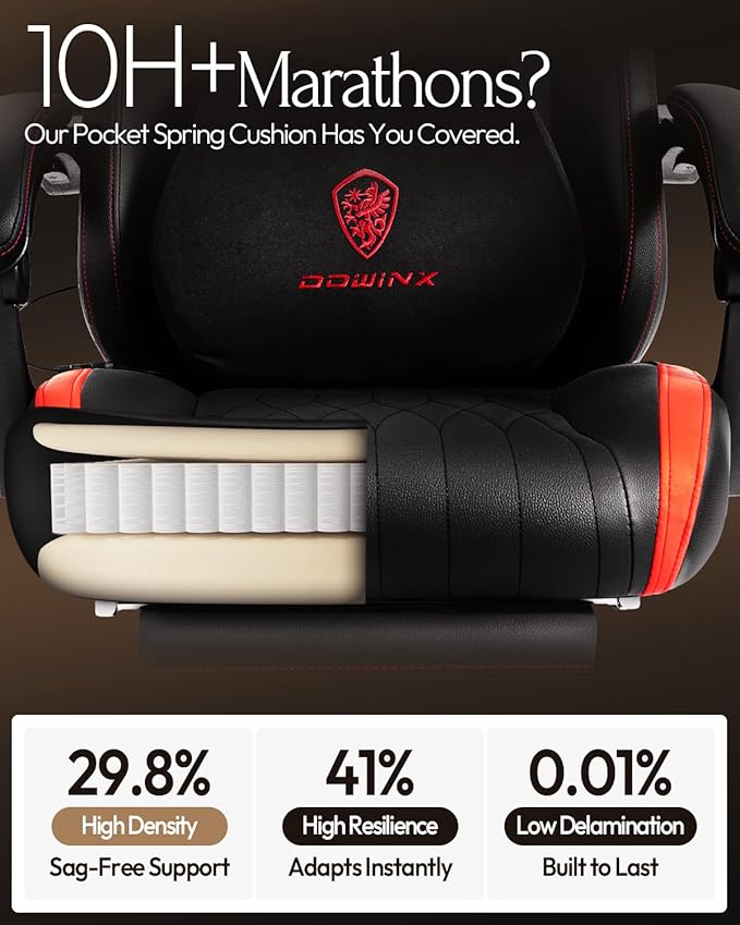 Dowinx Gaming Video Gaming Chair with Shiatsu Neck Massage and Lumbar Support for Home Office High Back Recliner Height Adjustable Ergonomic Comfy Leather Computer Desk Chair (Red)