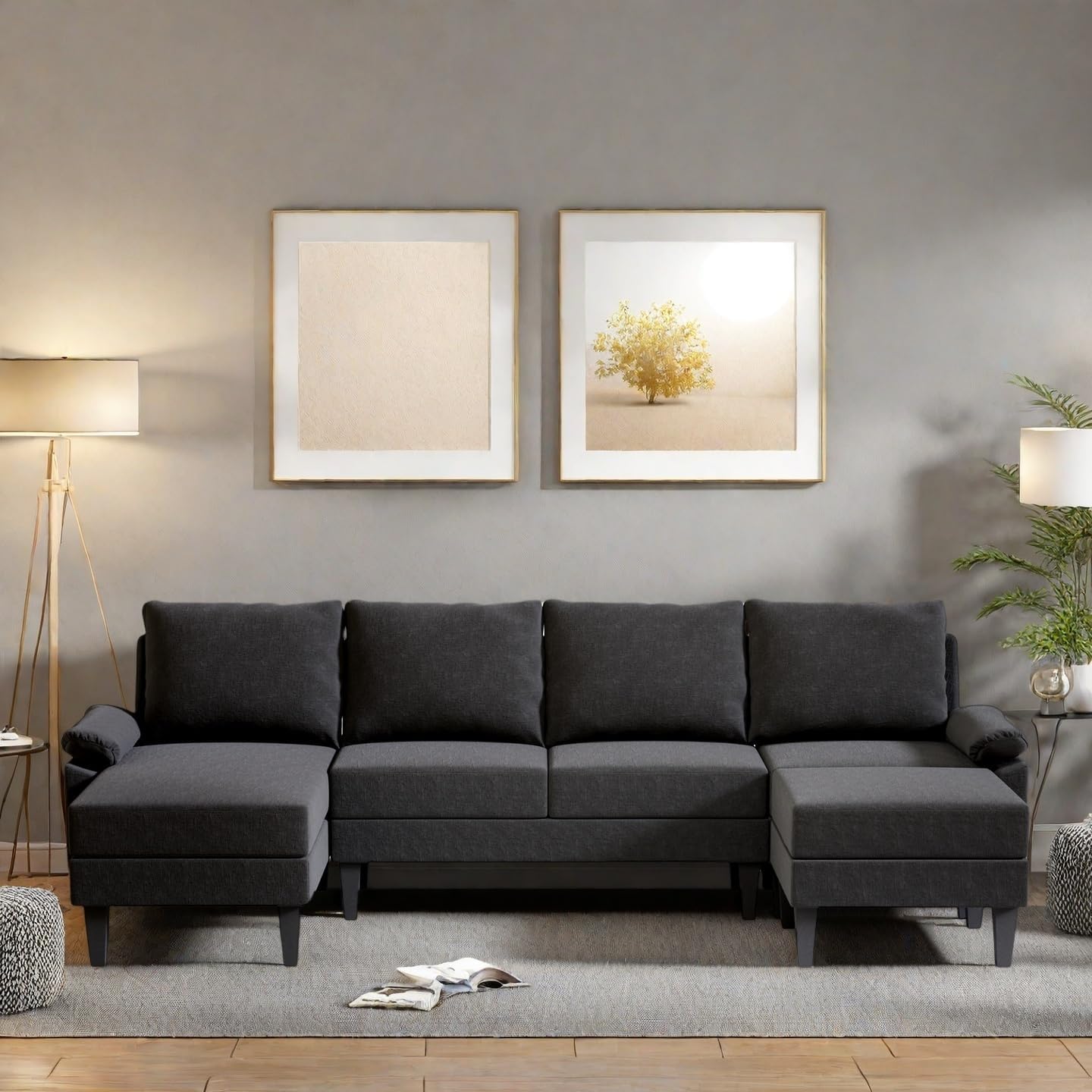 115 Inch U Shaped Sectional Couch with Chaise, 5-Seat Sofa with Moveable Ottoman, Modern Modular Sofa for Living Room, Apartment, Black