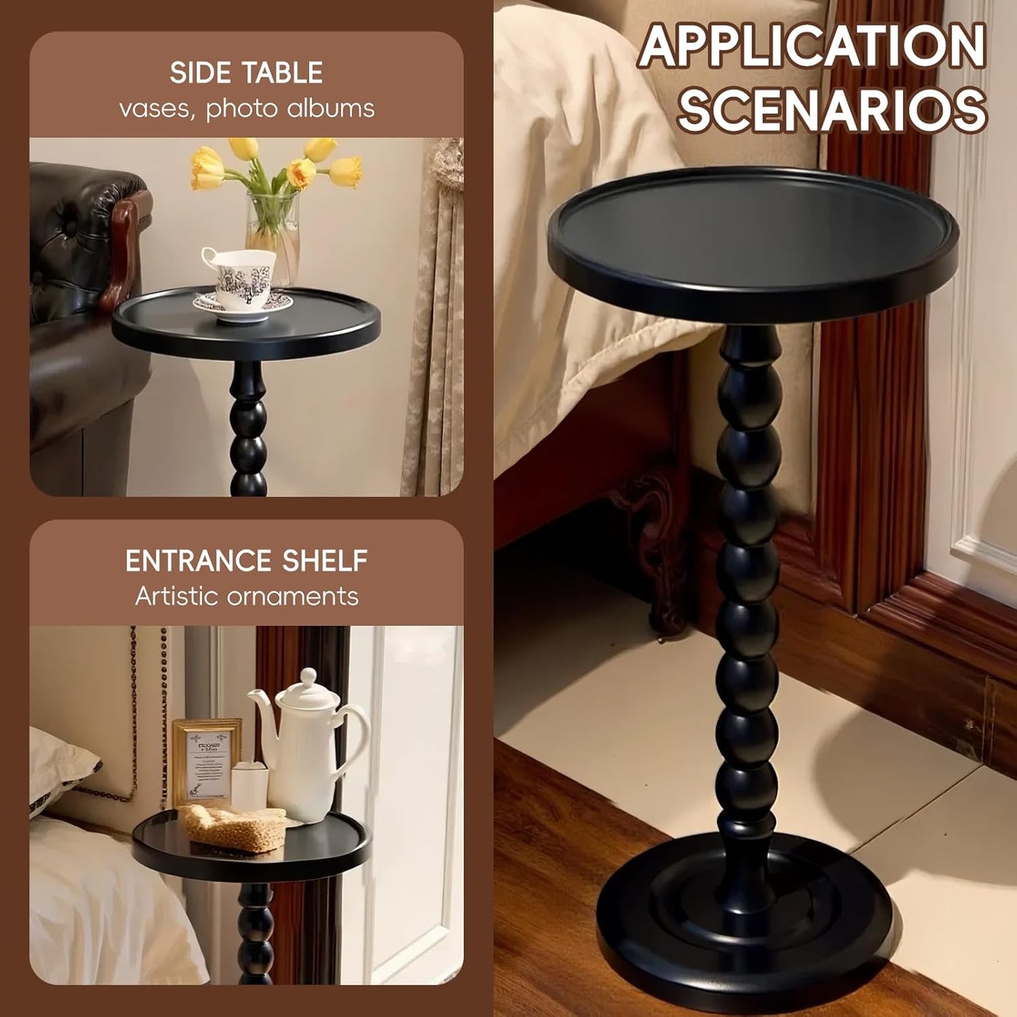 Small Accent Wood End Table, 12inch Round Bedside Table, Natural Side Table Nightstand for Family, Bedroom, Living Room, Handcrafted Finish, Black