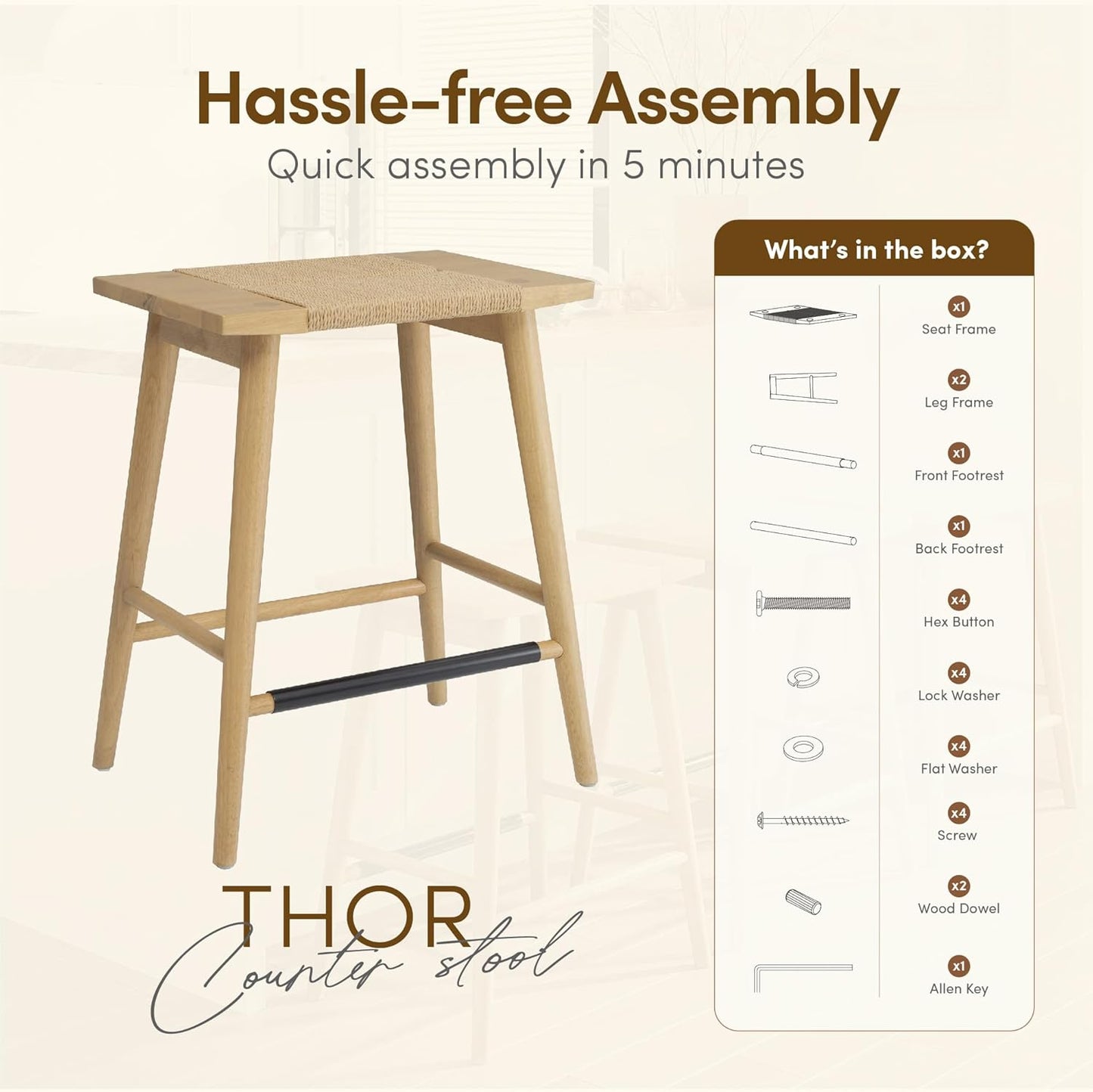 Thor Wicker Counter Height Wooden Counter Stool with Hand-Knitted Rope, K/D, Backless Island 24" Wicker Stool for Kitchen, Light Oak, Solid Wood, Eco-Friendly, Modern Design (Light Oak)