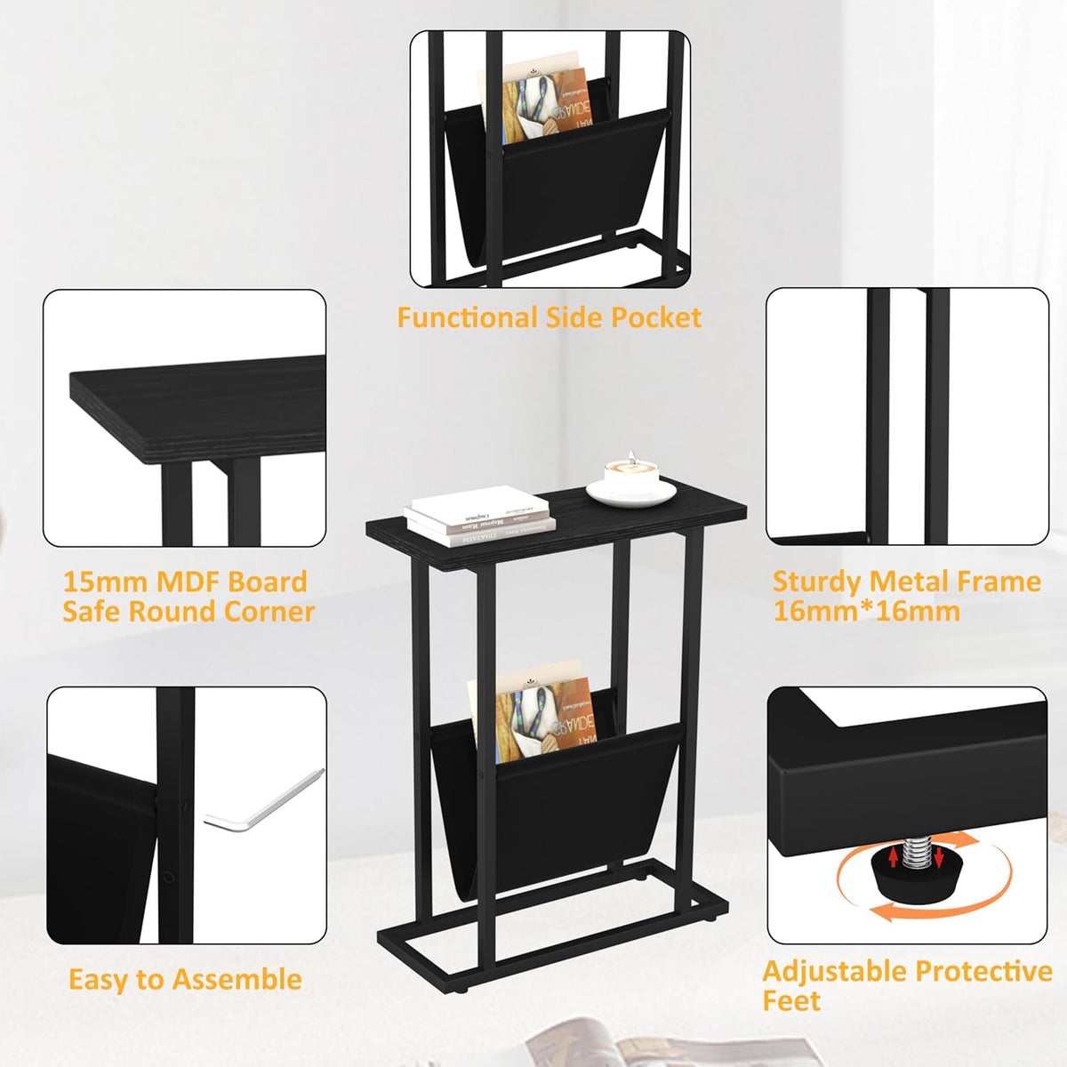 Yusong Narrow Side Table for Small Spaces, Small End Table Set of 2 with Magazine Holder, Skinny Slim Little Thin Table for Living Room, Bedroom, Sofa, Black Oak