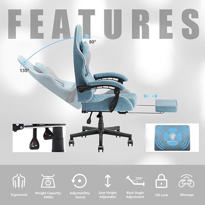Dowinx Gaming Chair with Pocket Spring Cushion, Computer Office Game Chair, Linkage Armrests and Footrest, High Back Ergonomic Computer Chair with Lumbar Support Task Chair with Footrest(Blue)