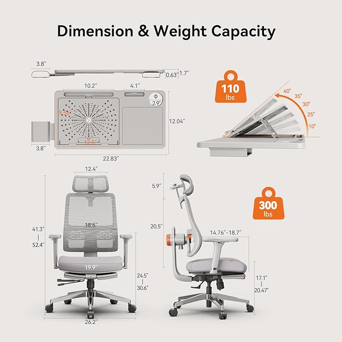 Newtral Ergonomic Office Chair-Home Office Desk Chair with Footrest, Auto-Following Backrest & Headrest, 4D Armrests, 96°-136° Recline (Gray, with Laptop Table)