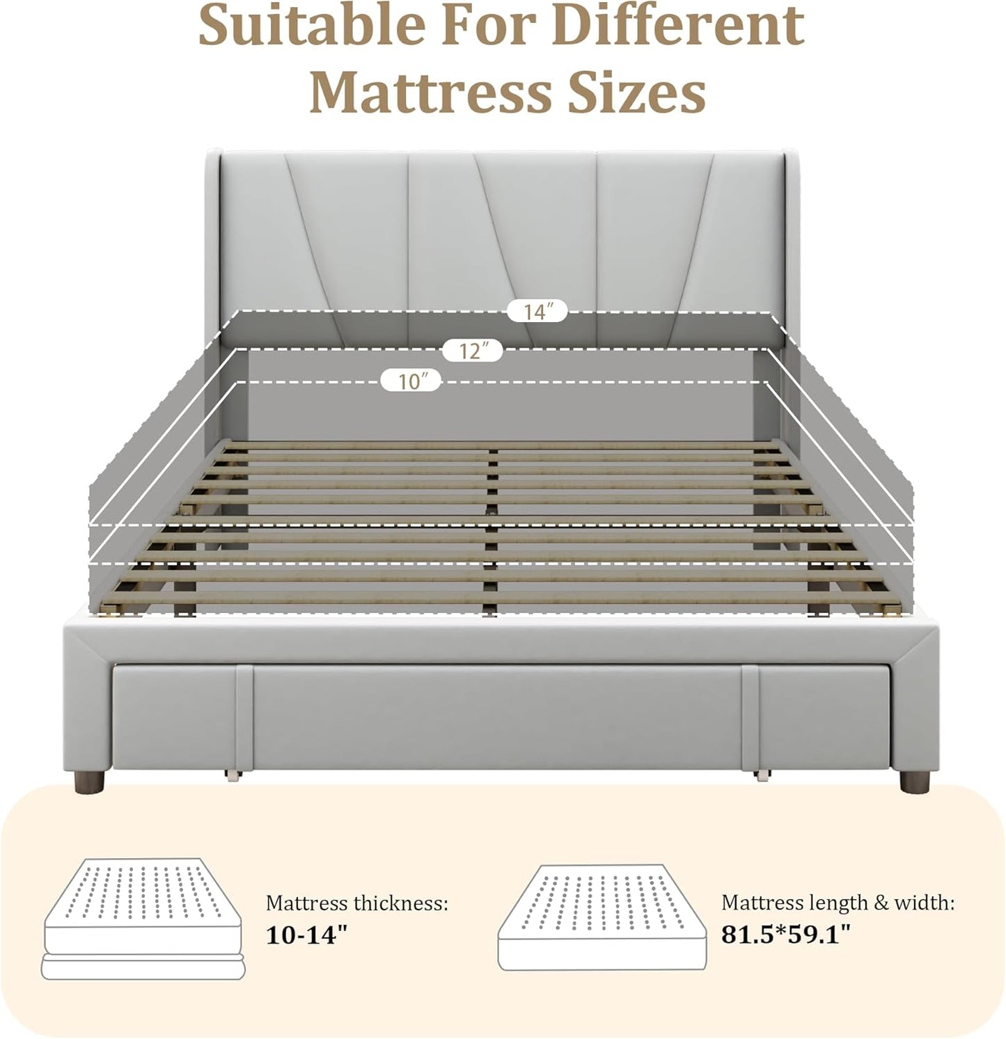 Queen Bed Frame with Storage Drawers, Upholstered Platform Bed with Headboard and Wingboard, No Box Spring Needed, Noise Free, Easy Assembly, Wooden Support Slats, Light Grey